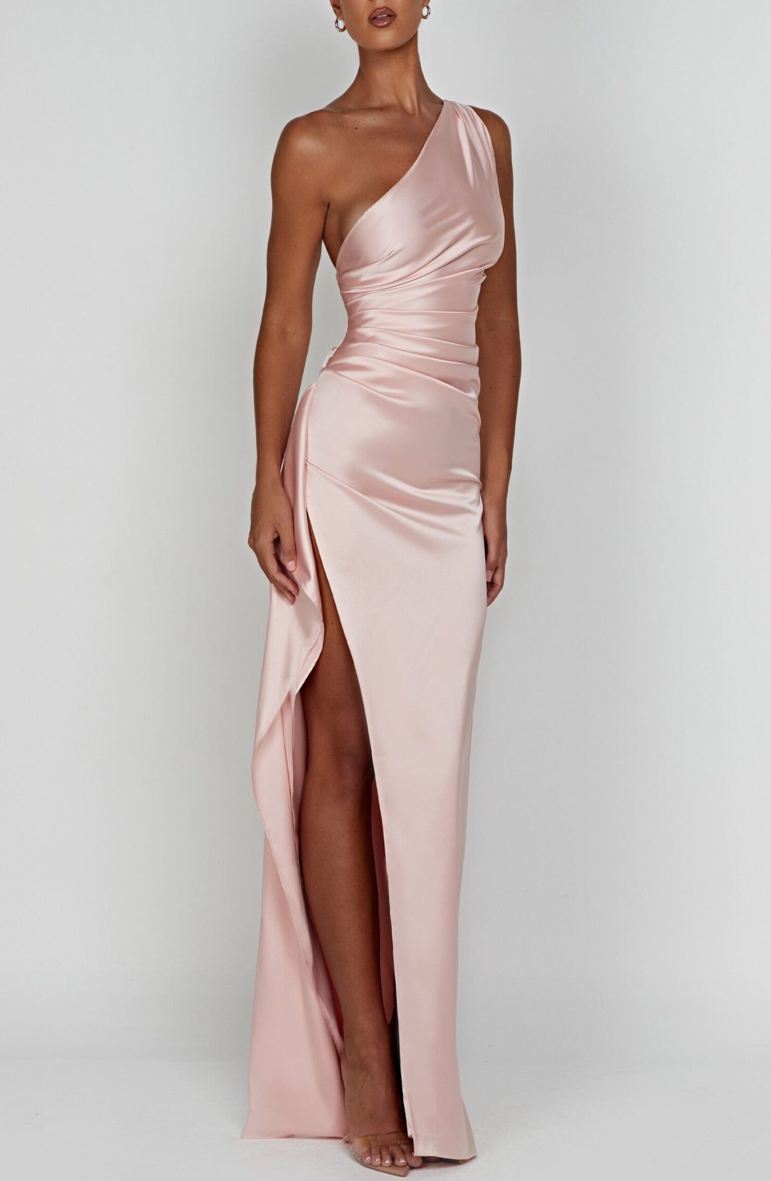 Ariel Blush One Shoulder Maxi Dress - Luxury Stretch Satin, Thigh Split - Image 5
