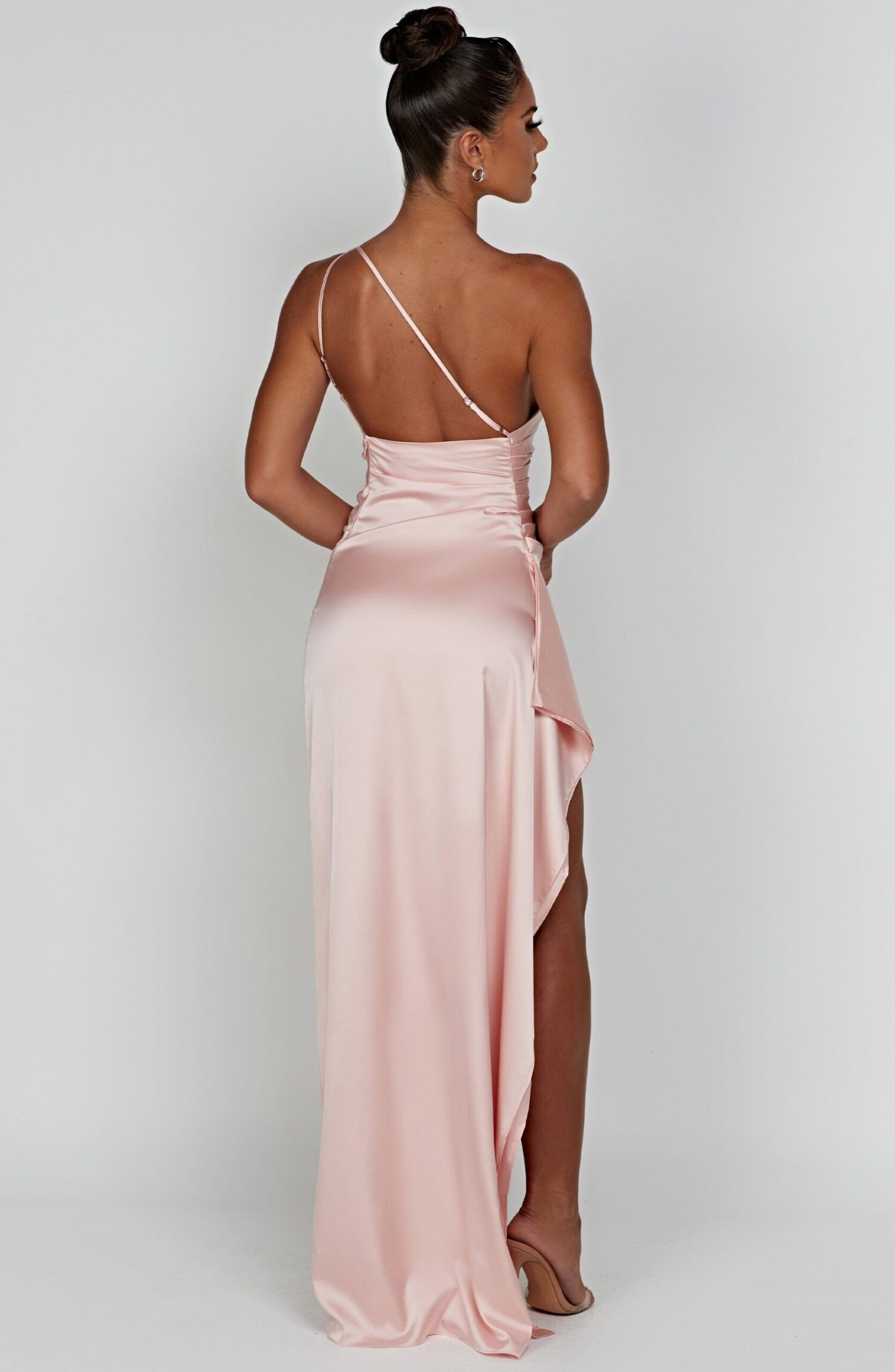 Ariel Blush One Shoulder Maxi Dress - Luxury Stretch Satin, Thigh Split - Image 3