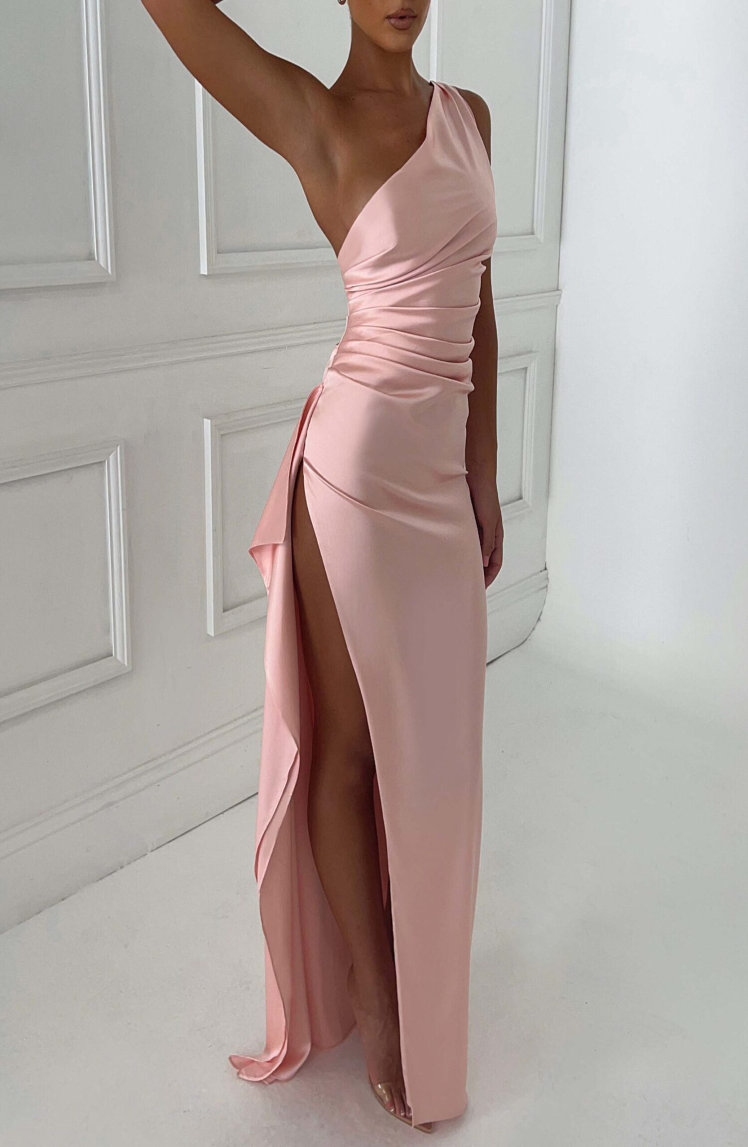 Ariel Blush One Shoulder Maxi Dress - Luxury Stretch Satin, Thigh Split - Image 14