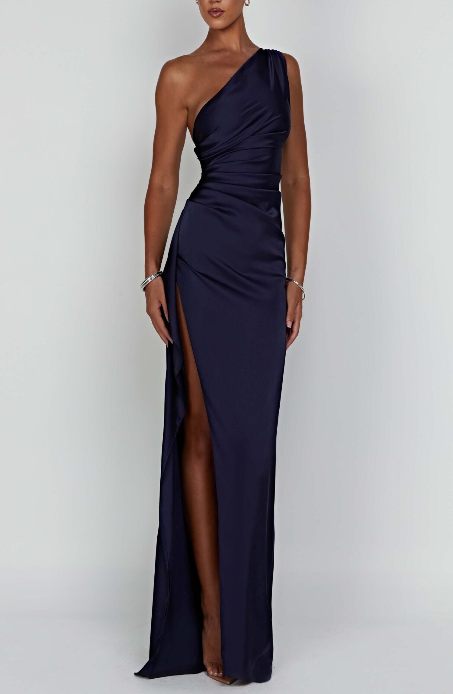 Ariel Maxi Dress Navy - One Shoulder Draped Satin Gown with Thigh Split - Image 9