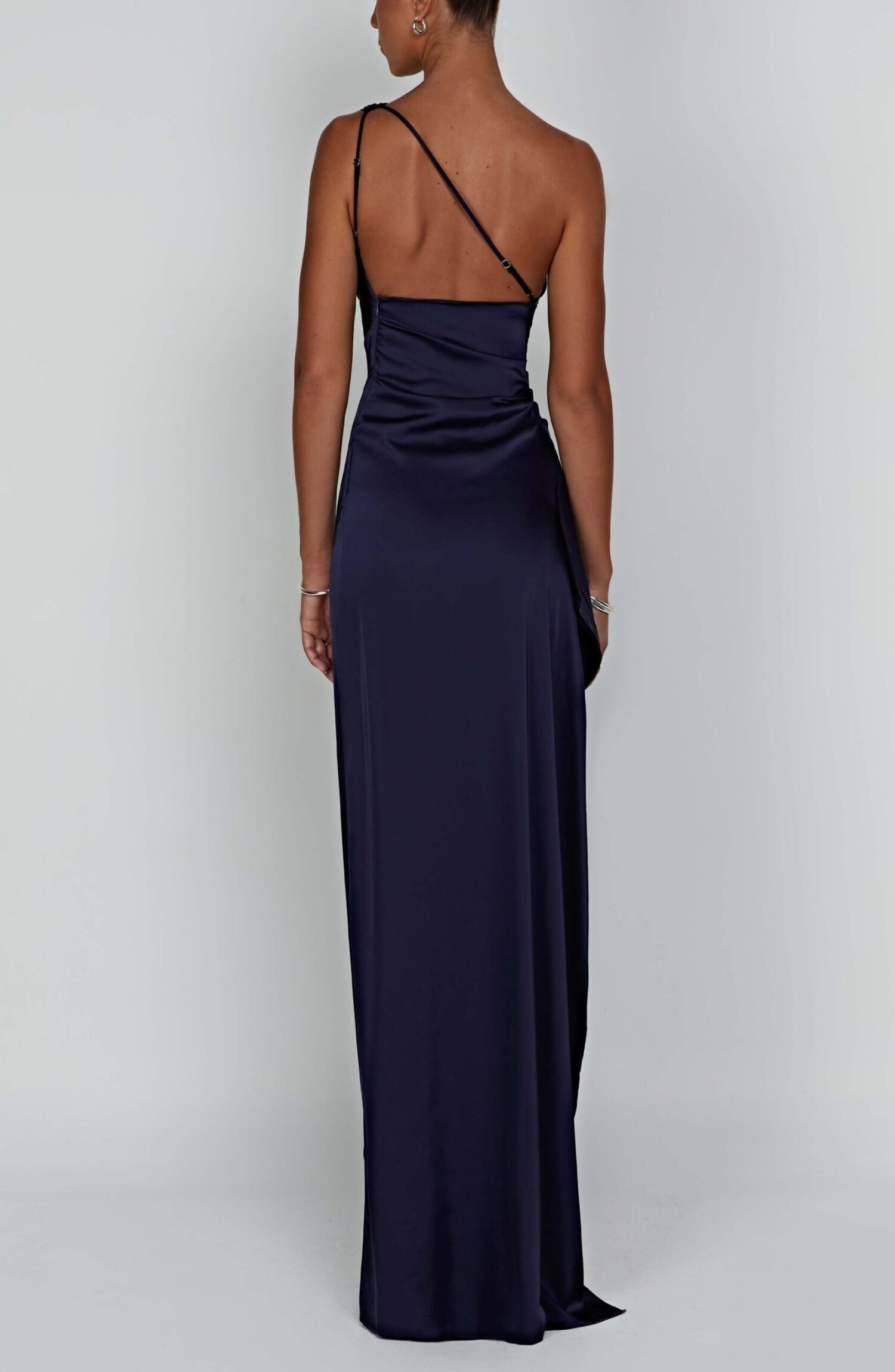 Ariel Maxi Dress Navy - One Shoulder Draped Satin Gown with Thigh Split - Image 3