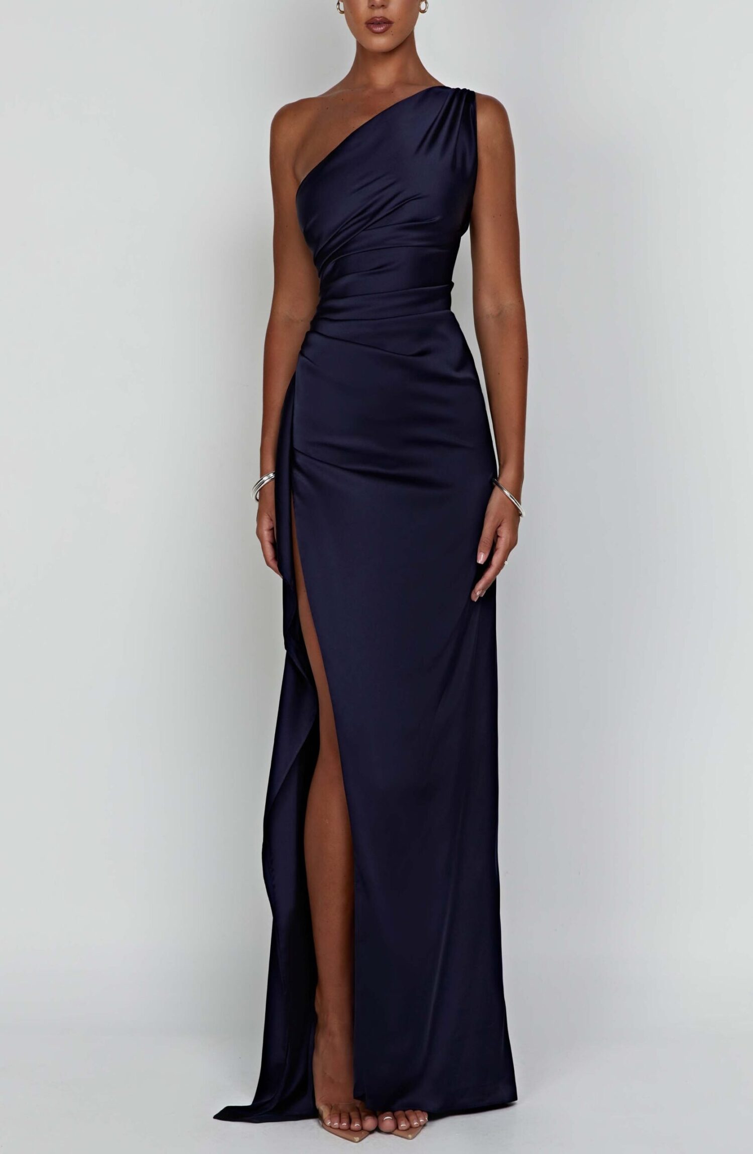 Ariel Maxi Dress Navy - One Shoulder Draped Satin Gown with Thigh Split - Image 6