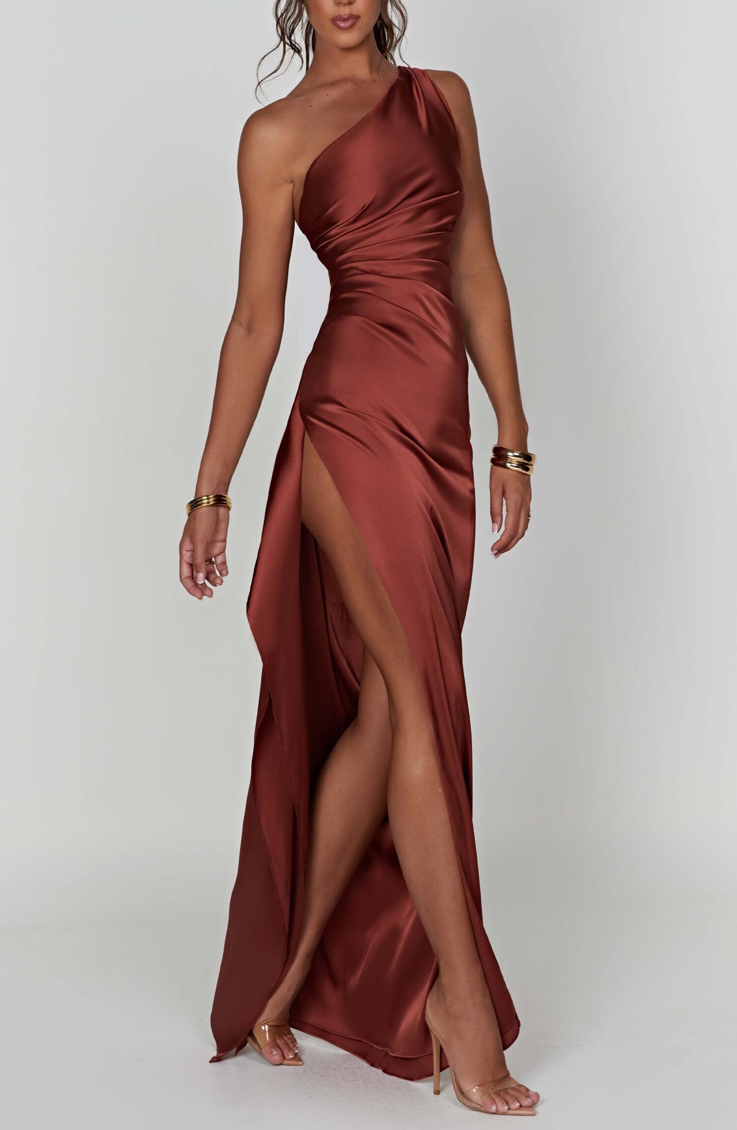 Ariel Rust One Shoulder Maxi Dress - Luxury Satin Draped Split - Image 4
