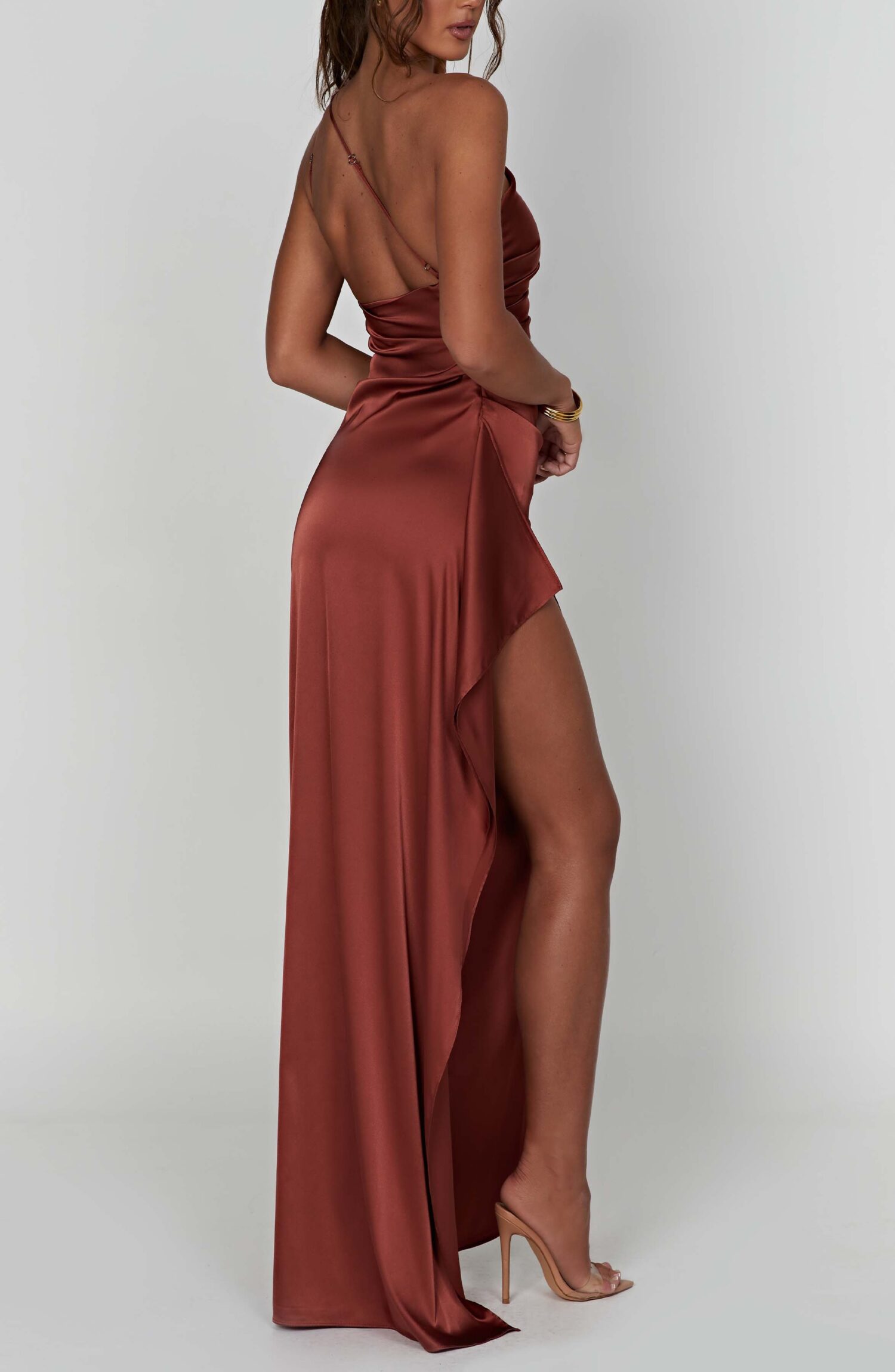 Ariel Rust One Shoulder Maxi Dress - Luxury Satin Draped Split - Image 8