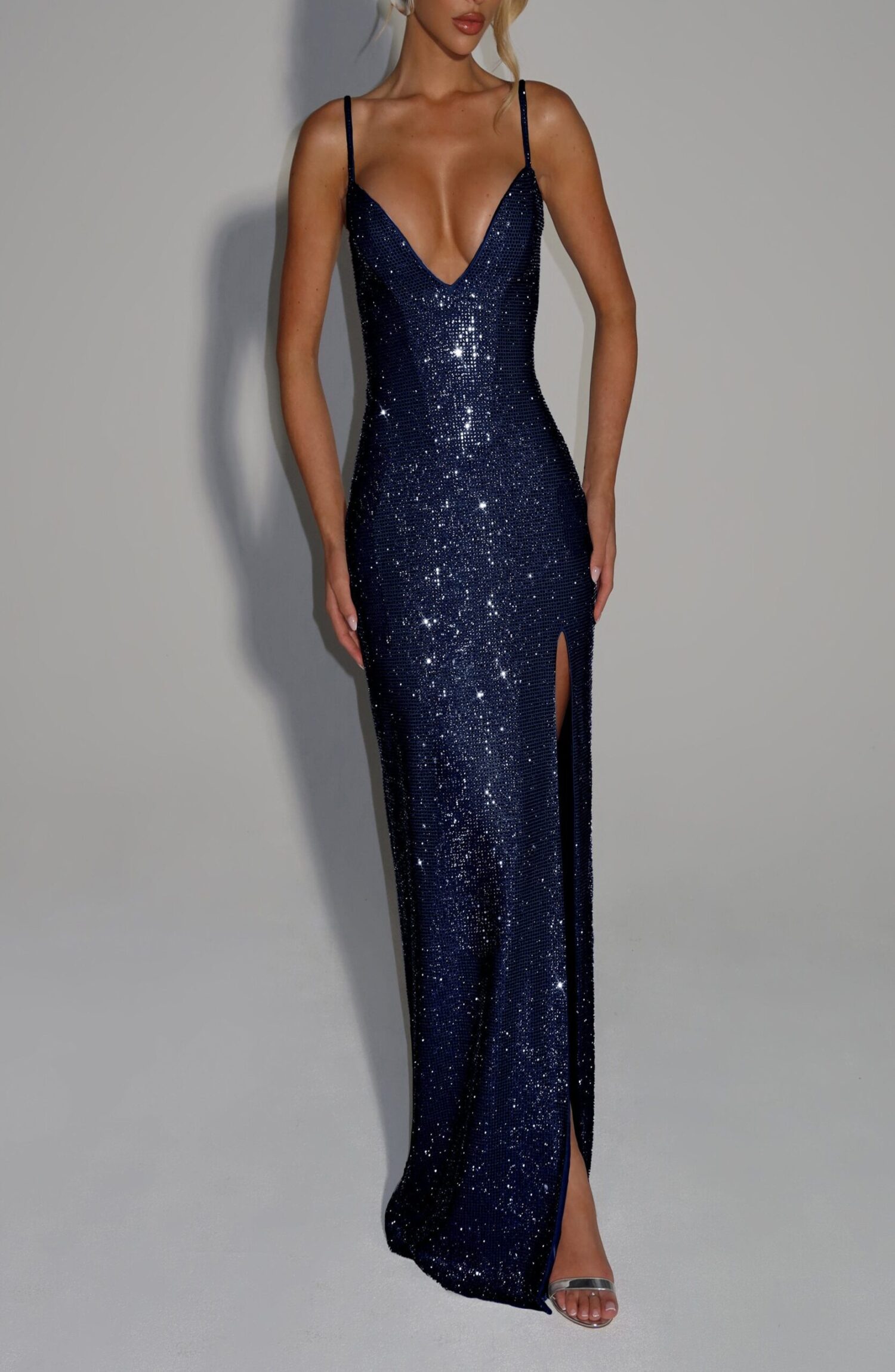 Ashton Maxi Dress Navy Rhinestone Evening Gown Plunge Lace-Up Split - Image 9