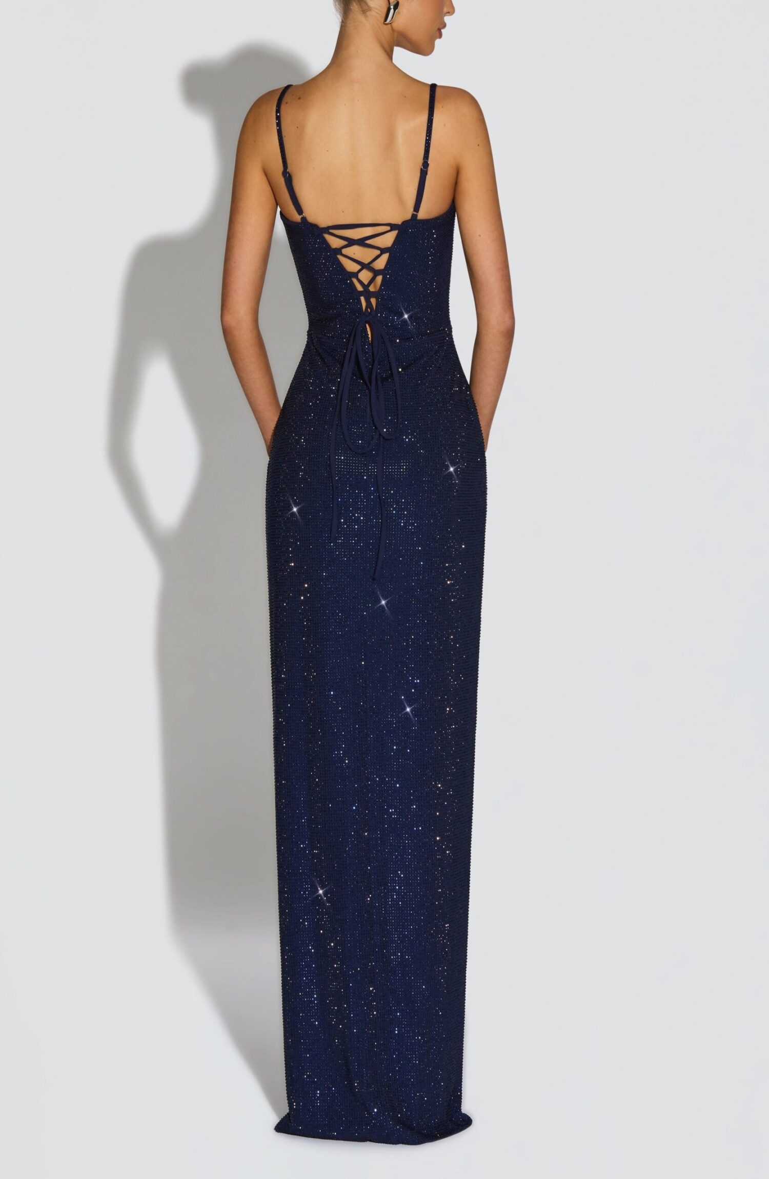 Ashton Maxi Dress Navy Rhinestone Evening Gown Plunge Lace-Up Split - Image 7