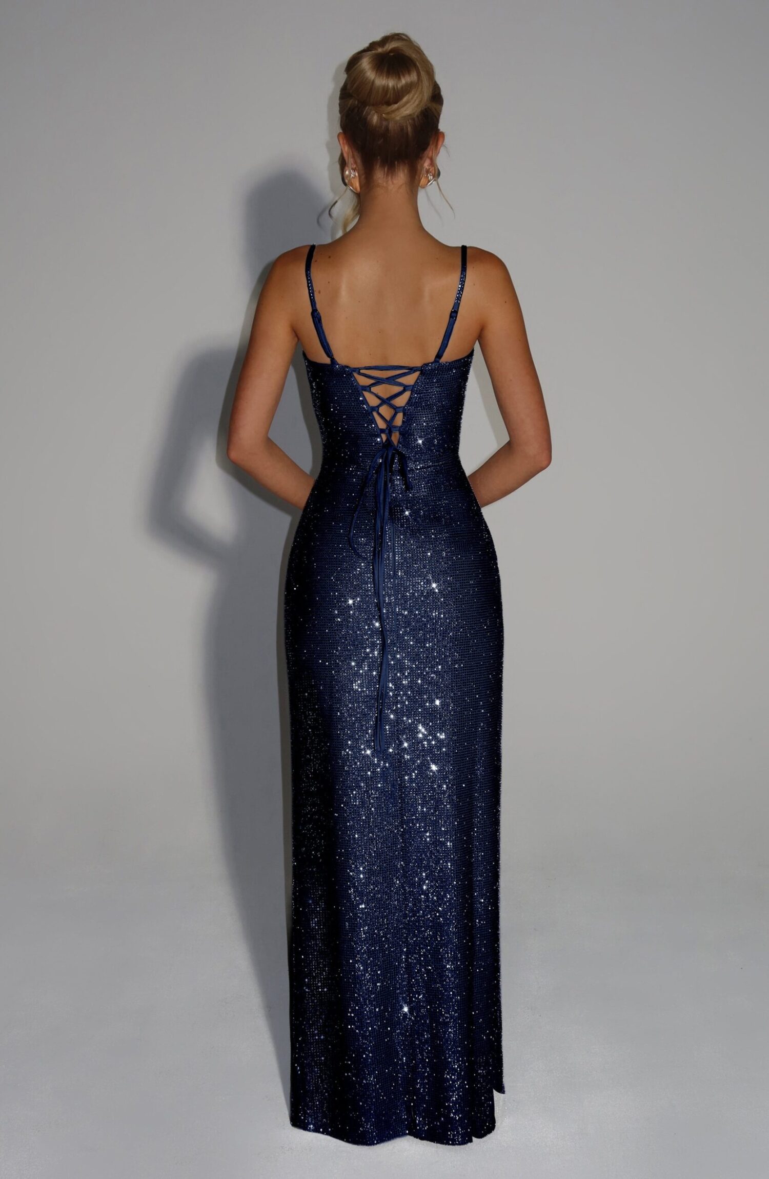 Ashton Maxi Dress Navy Rhinestone Evening Gown Plunge Lace-Up Split - Image 2