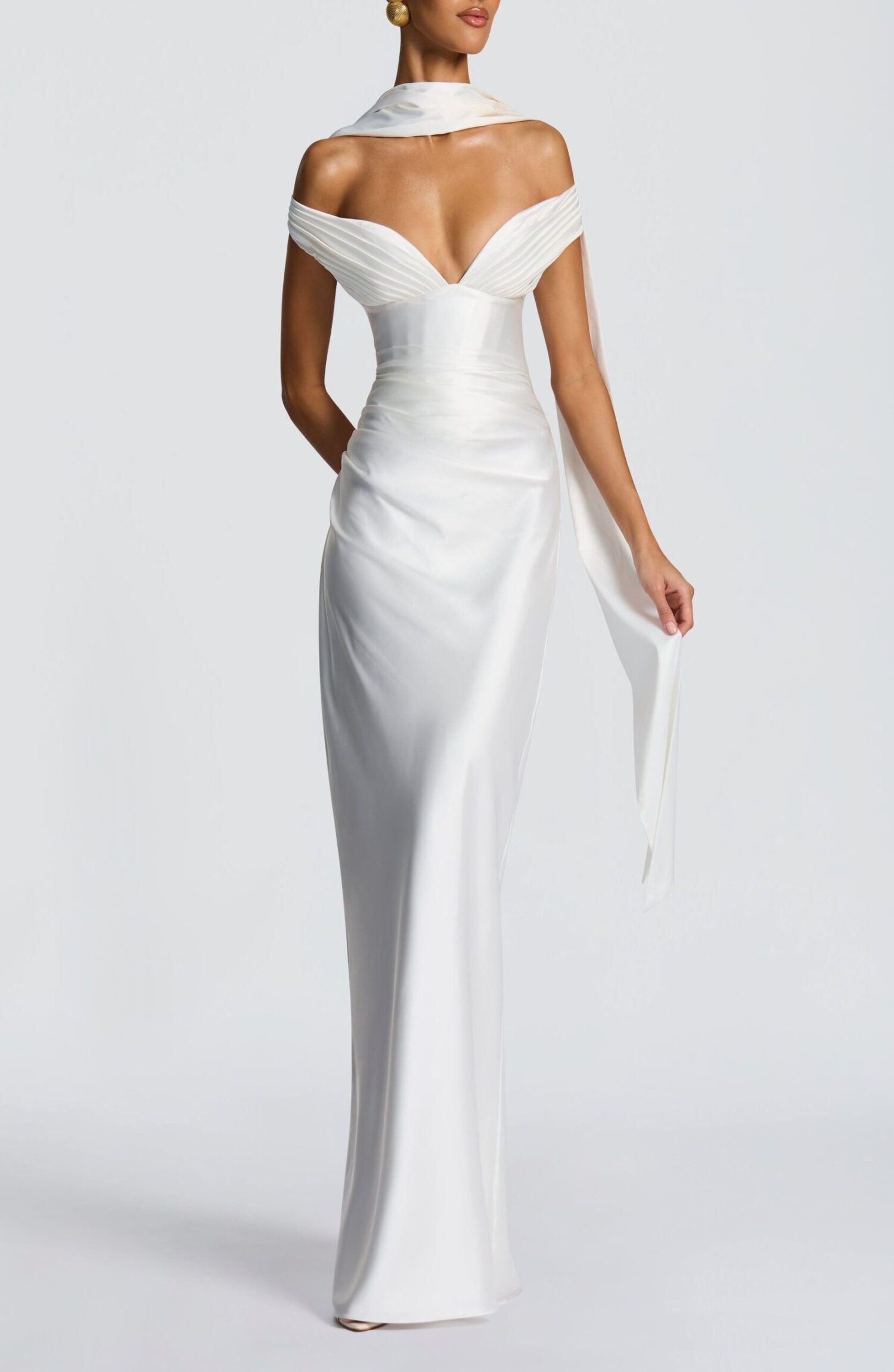 Aurelia Ivory Maxi Dress: Plunge Bardot, Corset Back, Column Skirt - Image 4