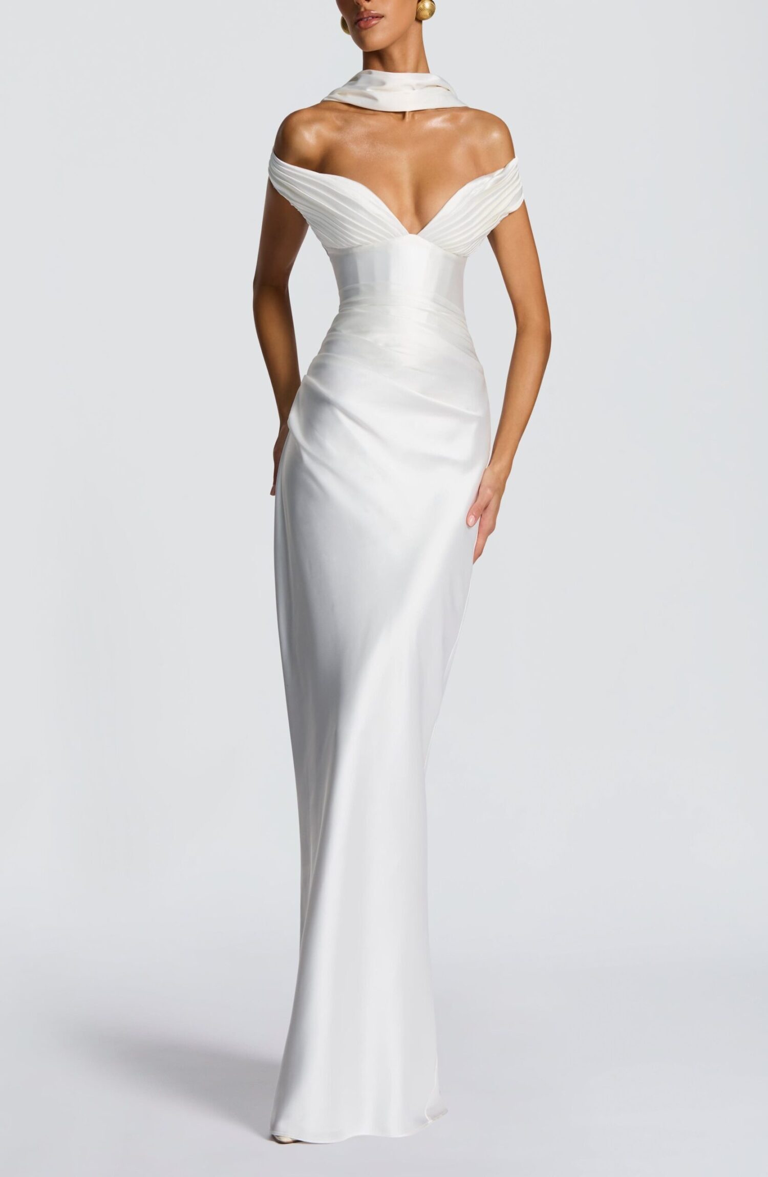 Aurelia Ivory Maxi Dress: Plunge Bardot, Corset Back, Column Skirt - Image 12