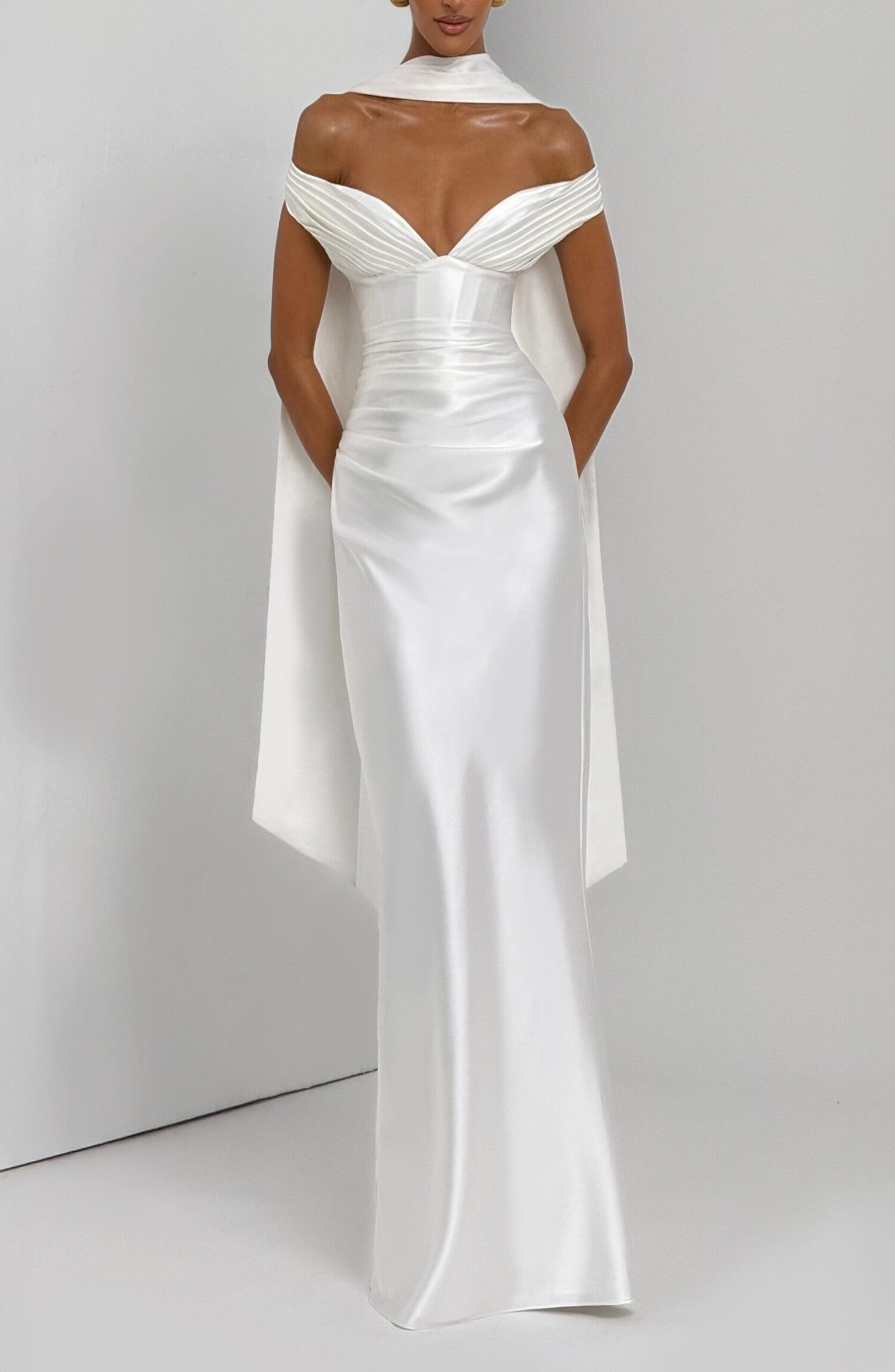 Aurelia Ivory Maxi Dress: Plunge Bardot, Corset Back, Column Skirt - Image 5