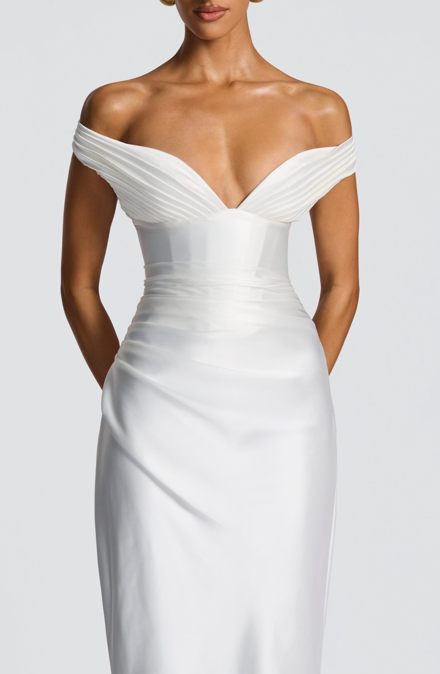 Aurelia Ivory Maxi Dress: Plunge Bardot, Corset Back, Column Skirt - Image 3