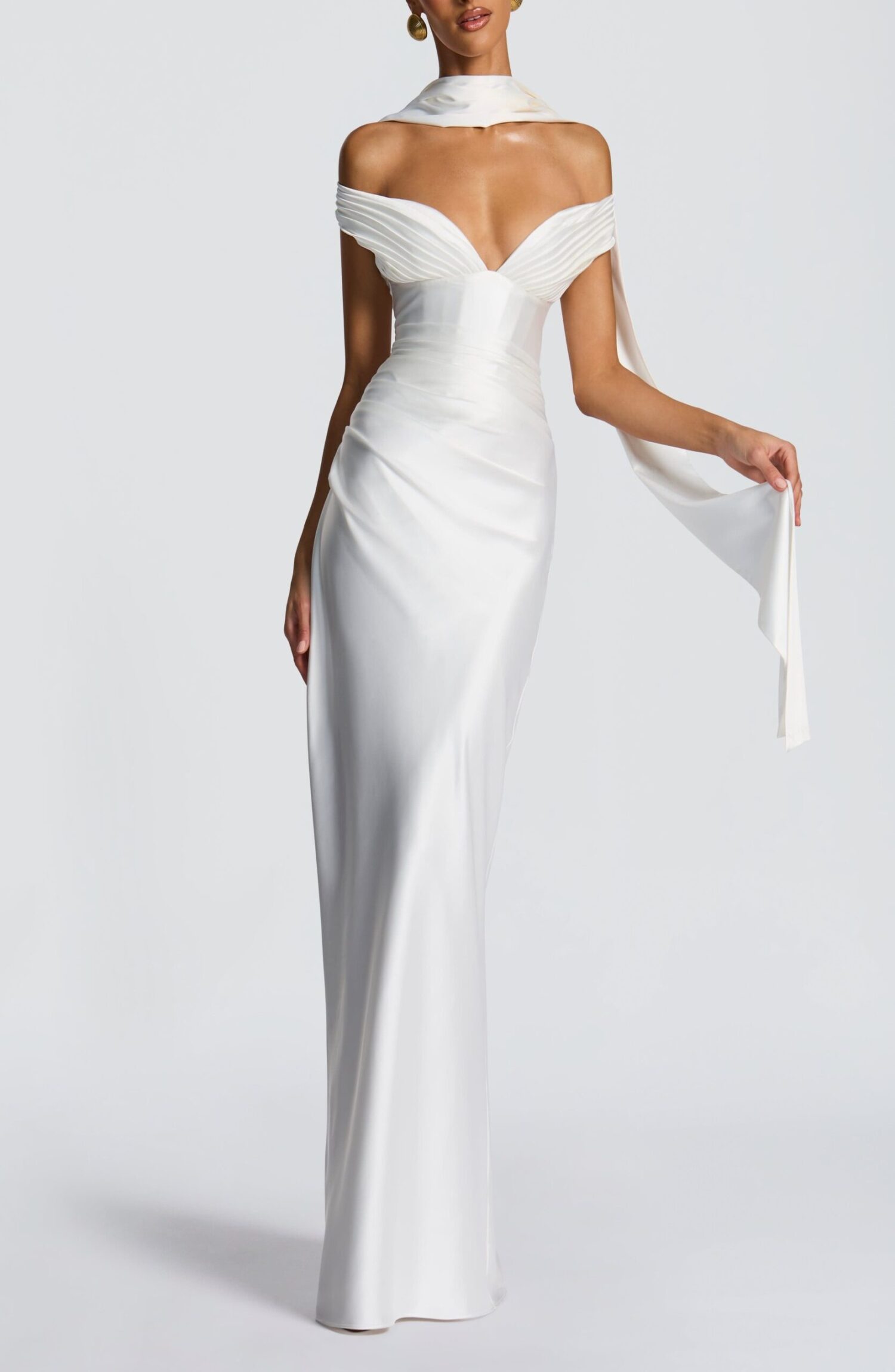 Aurelia Ivory Maxi Dress: Plunge Bardot, Corset Back, Column Skirt - Image 13