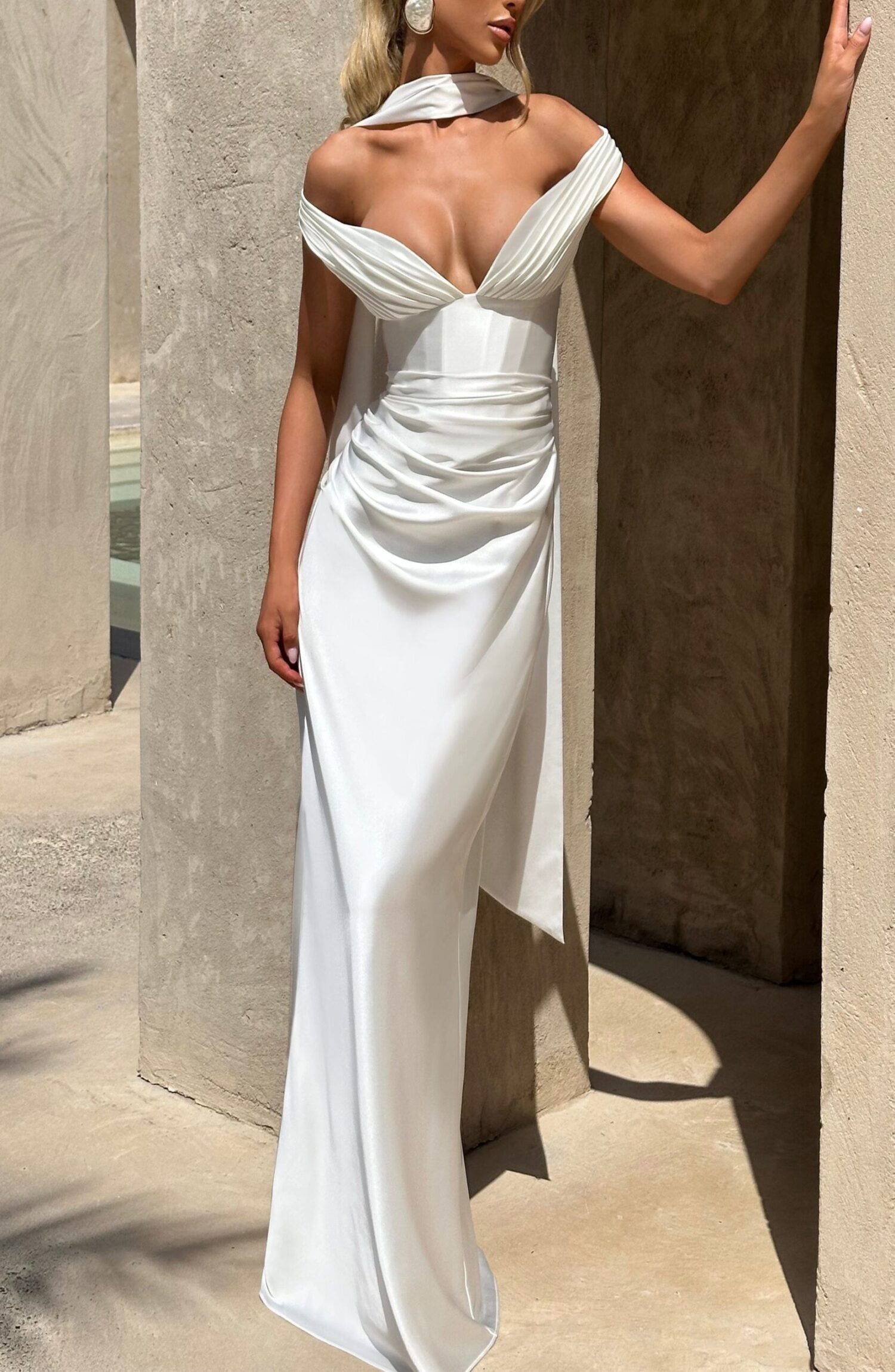 Aurelia Ivory Maxi Dress: Plunge Bardot, Corset Back, Column Skirt - Image 11