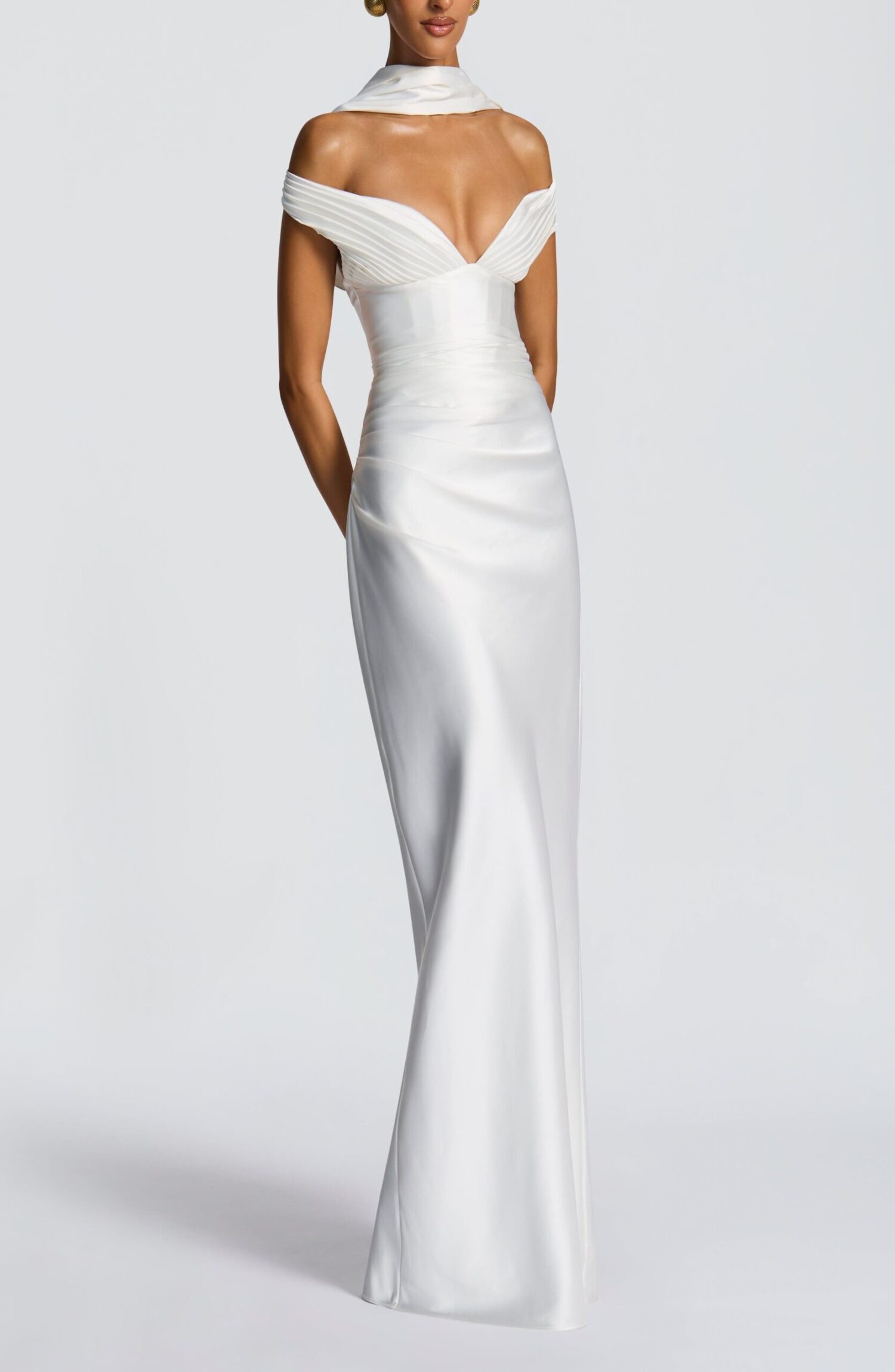 Aurelia Ivory Maxi Dress: Plunge Bardot, Corset Back, Column Skirt - Image 10