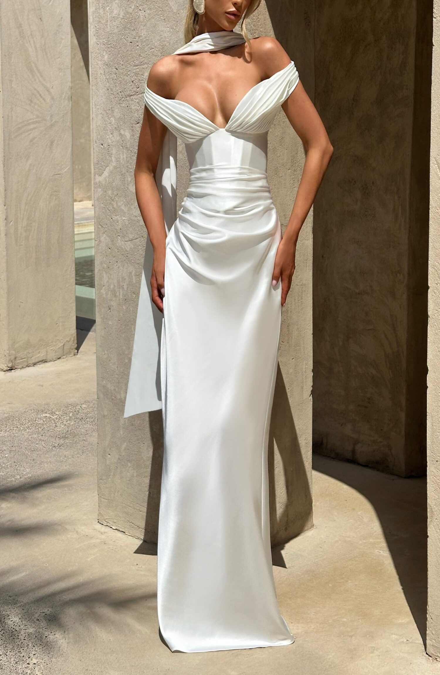 Aurelia Ivory Maxi Dress: Plunge Bardot, Corset Back, Column Skirt - Image 9