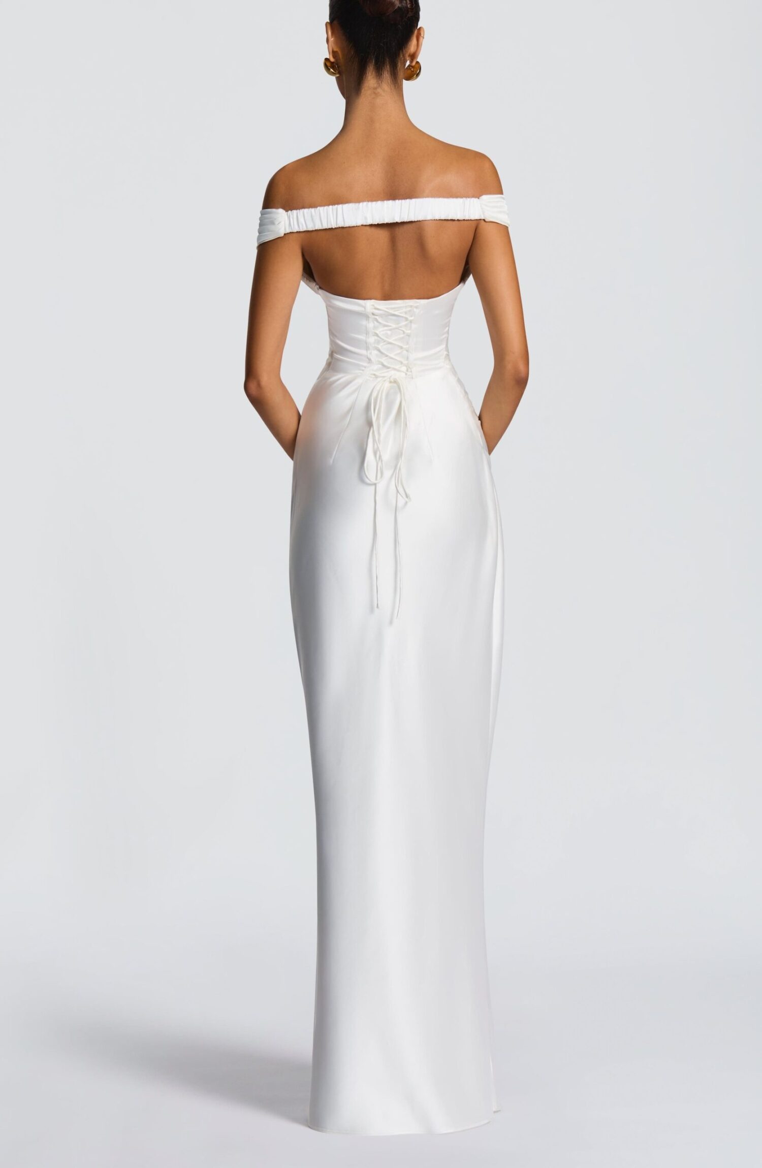 Aurelia Ivory Maxi Dress: Plunge Bardot, Corset Back, Column Skirt - Image 2