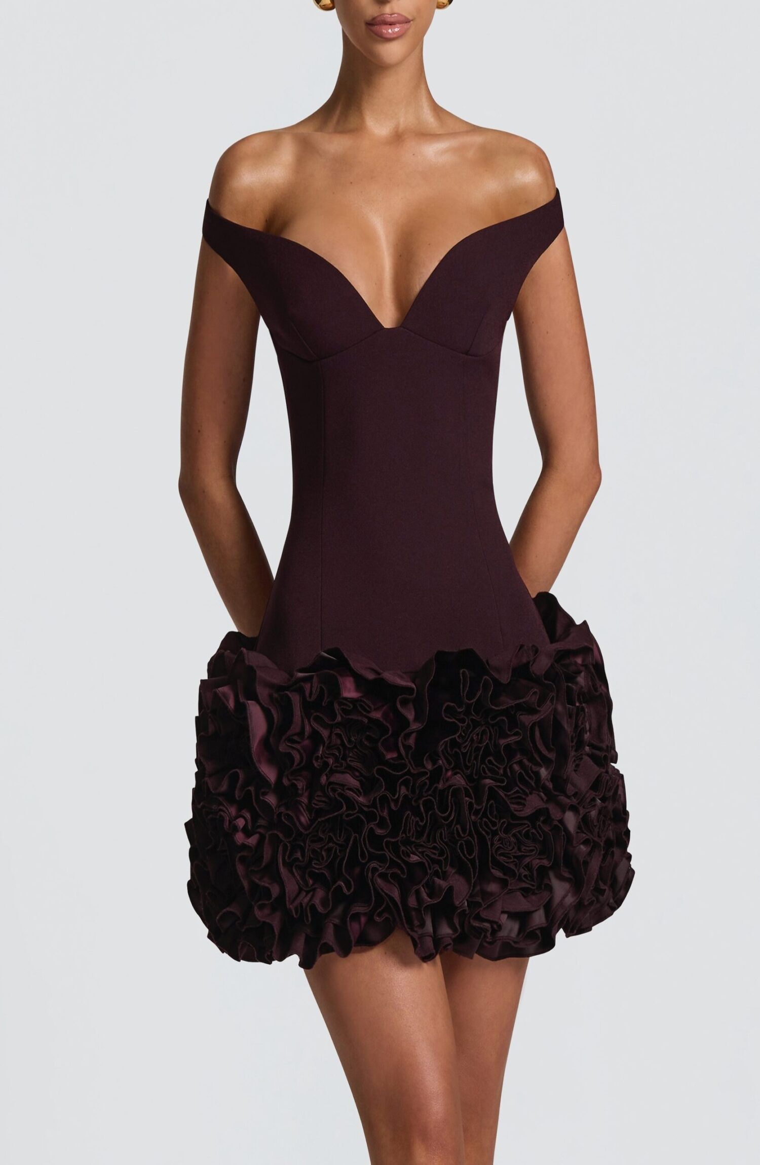 Aveta Mini Dress Plum Bardot Neckline Floral Ruffle Crepe Bodycon - Image 9