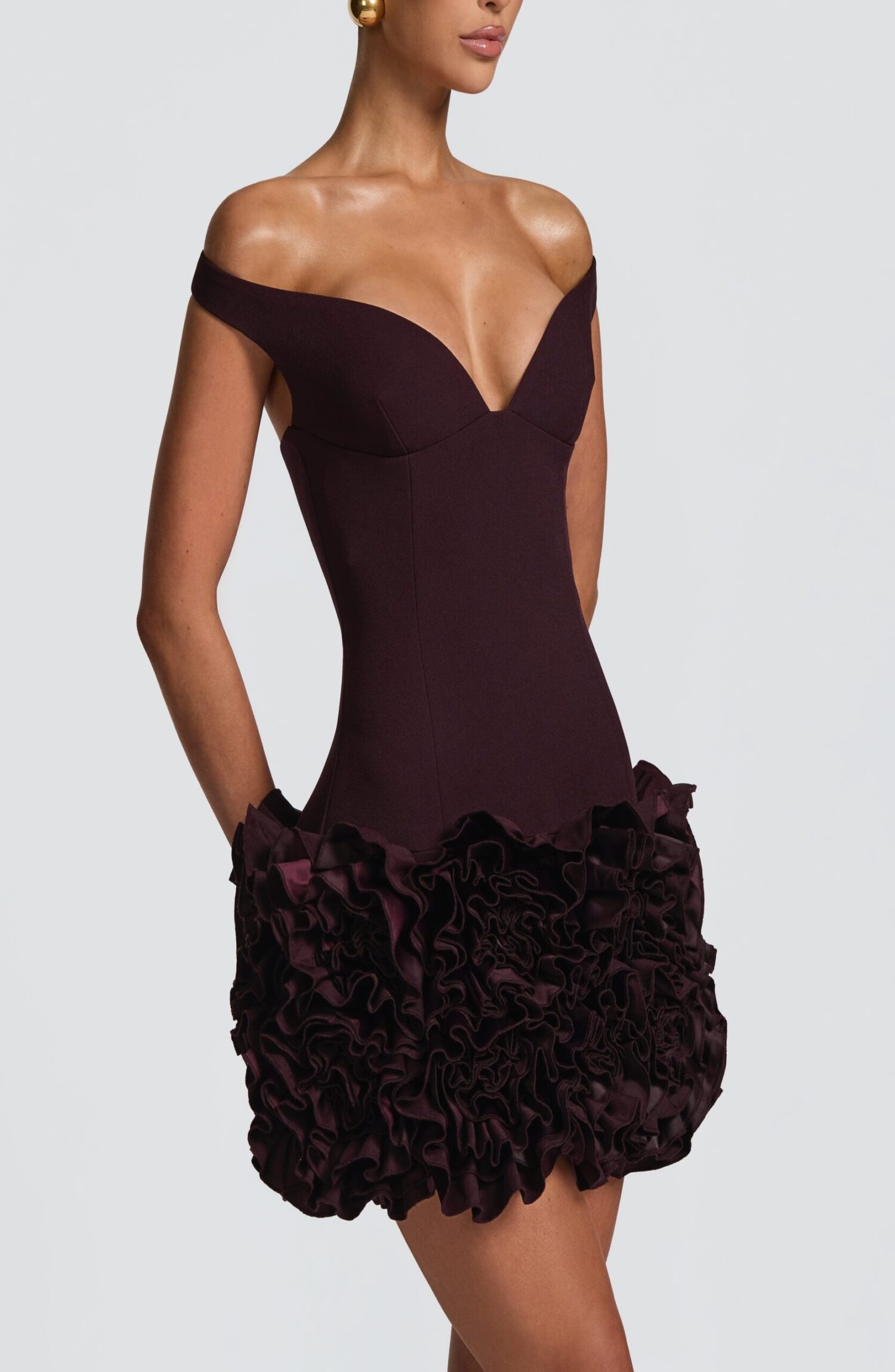 Aveta Mini Dress Plum Bardot Neckline Floral Ruffle Crepe Bodycon - Image 5