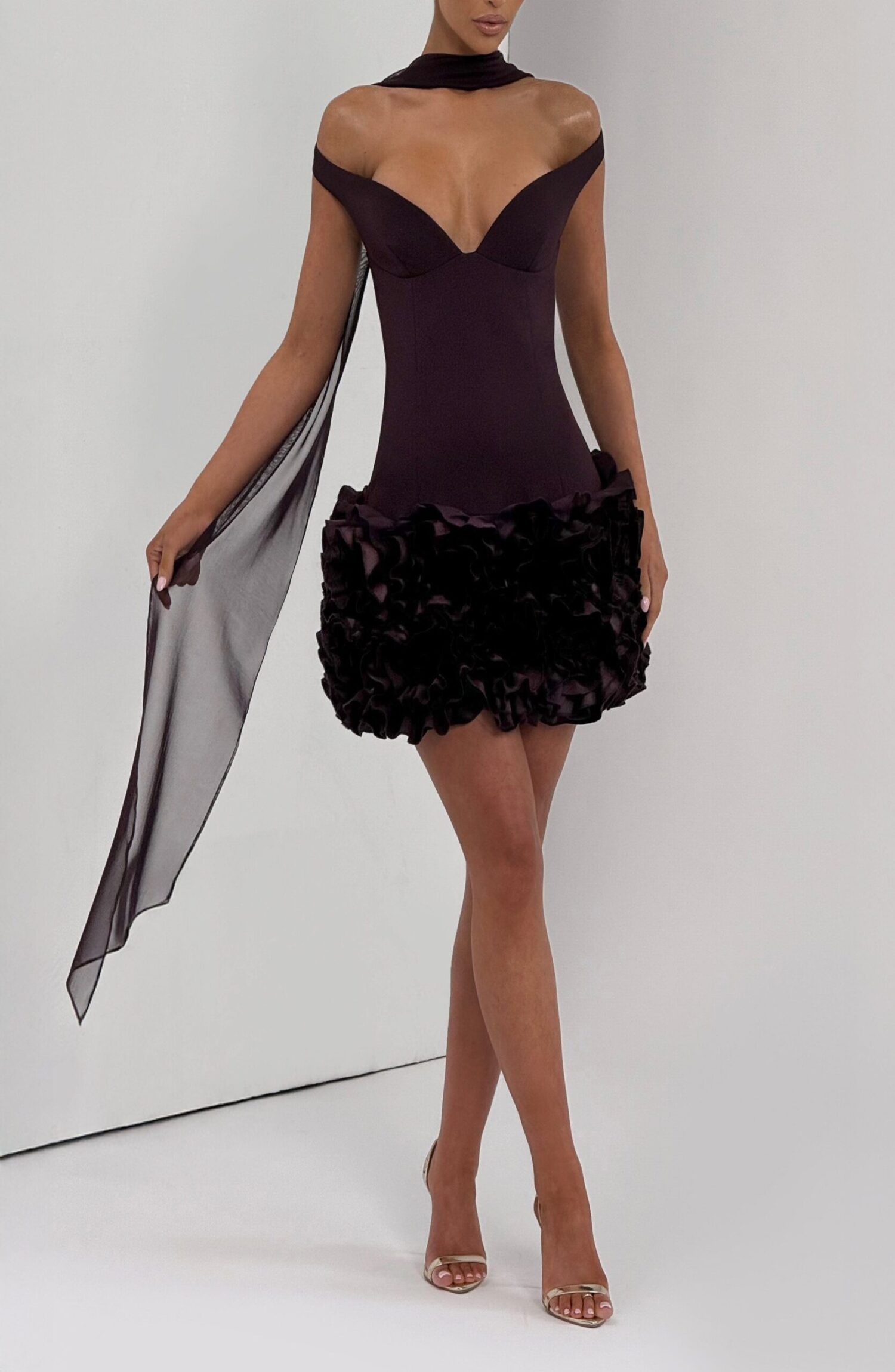 Aveta Mini Dress Plum Bardot Neckline Floral Ruffle Crepe Bodycon - Image 8