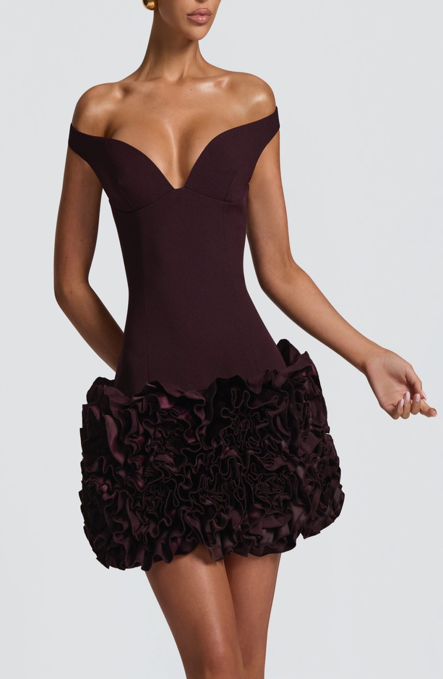 Aveta Mini Dress Plum Bardot Neckline Floral Ruffle Crepe Bodycon