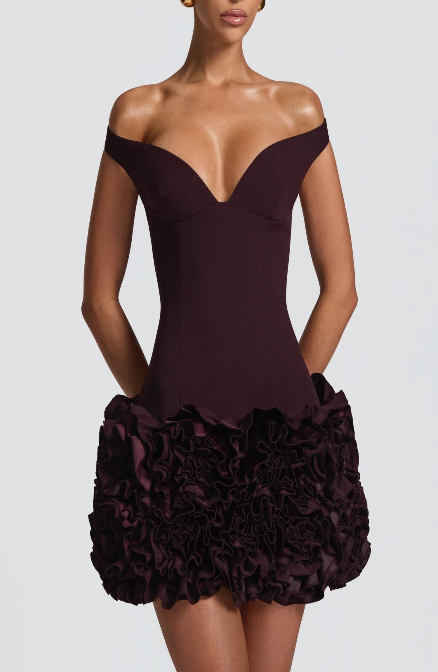 Aveta Mini Dress Plum Bardot Neckline Floral Ruffle Crepe Bodycon - Image 6