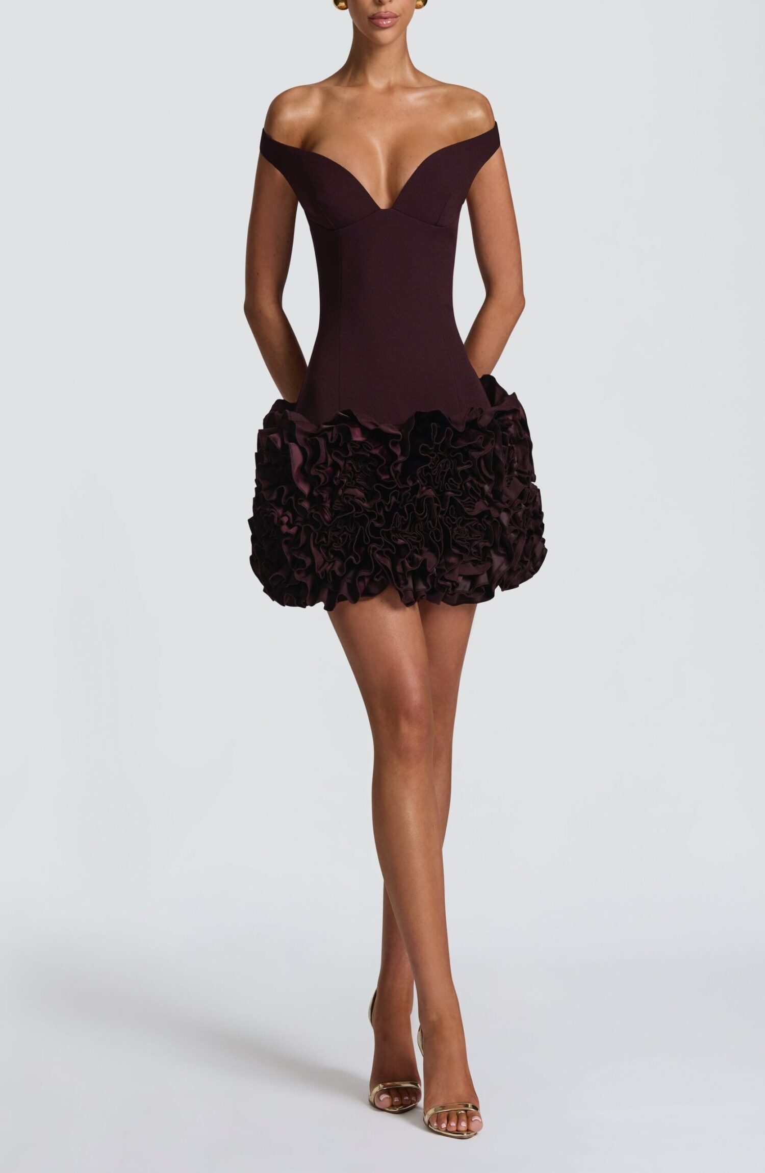 Aveta Mini Dress Plum Bardot Neckline Floral Ruffle Crepe Bodycon - Image 7