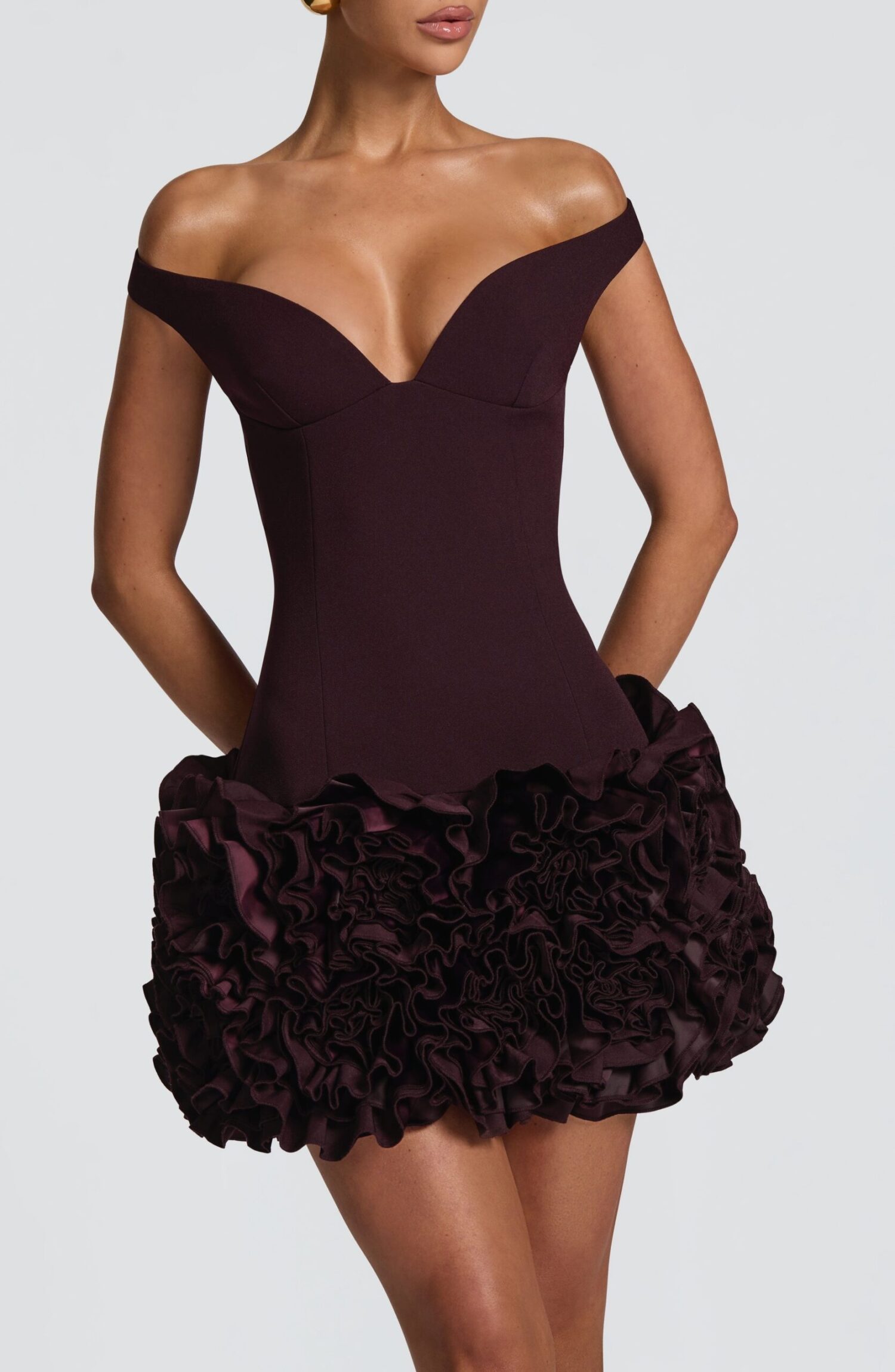 Aveta Mini Dress Plum Bardot Neckline Floral Ruffle Crepe Bodycon - Image 4