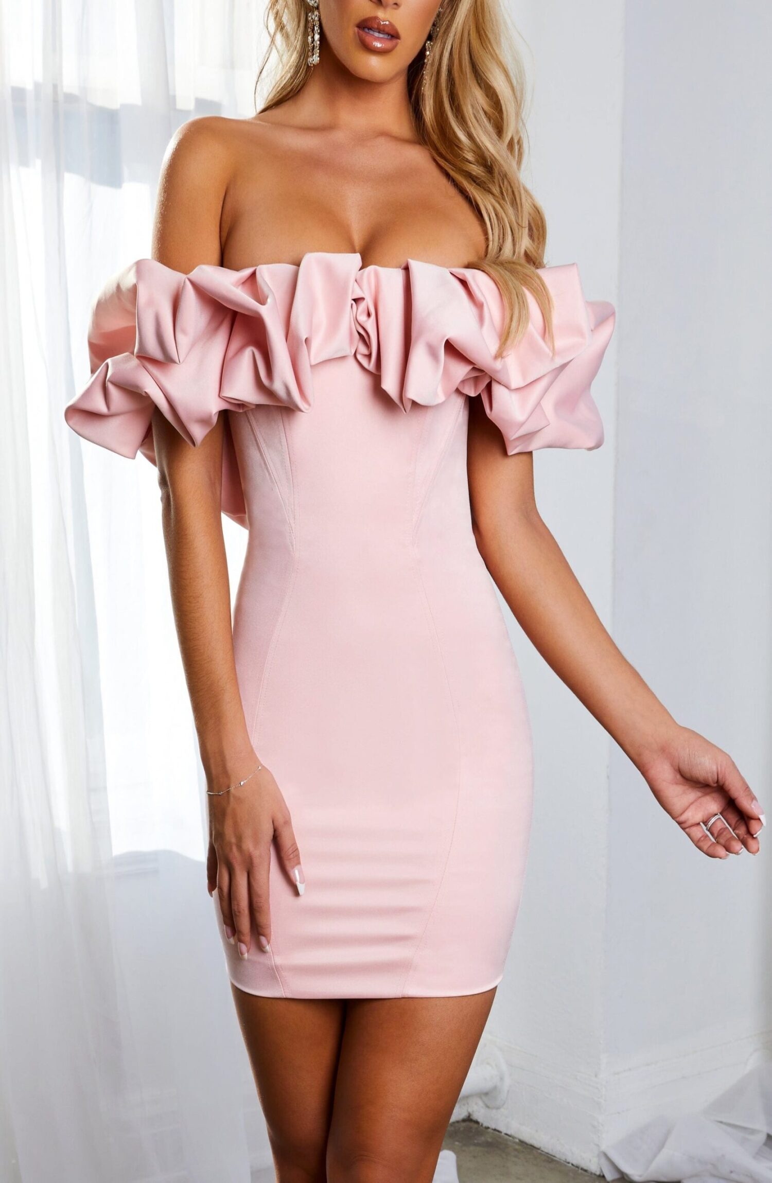 Baby Pink Allie Ruffle Bardot Mini Dress - Duchess Satin - Image 3