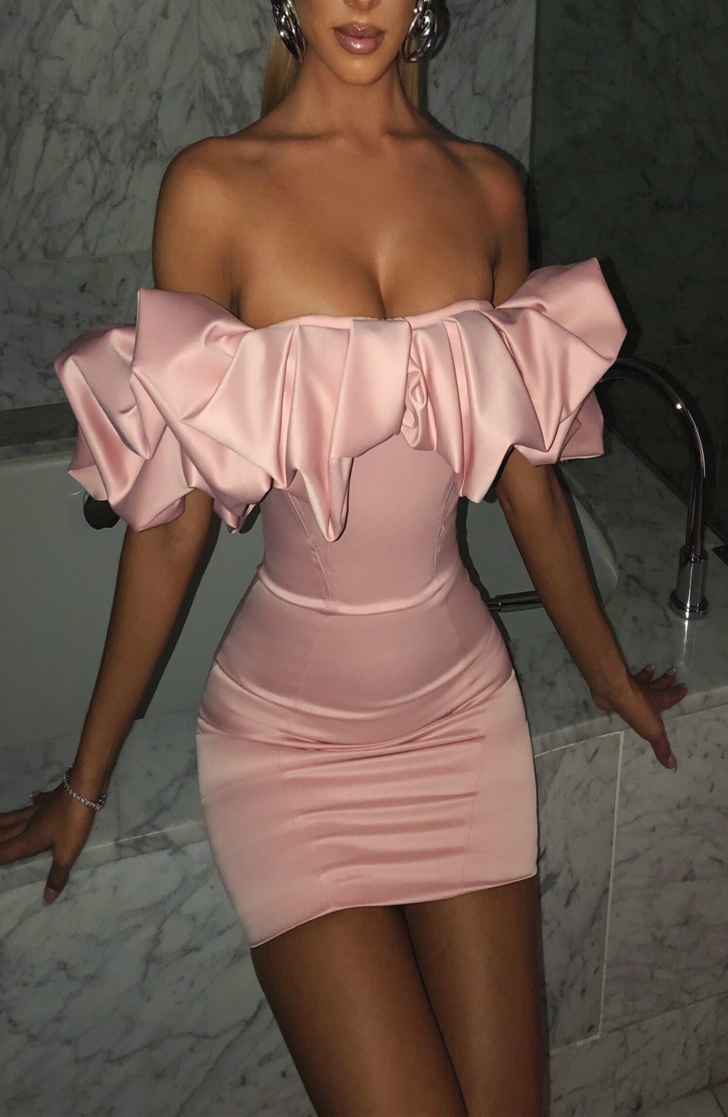 Baby Pink Allie Ruffle Bardot Mini Dress - Duchess Satin