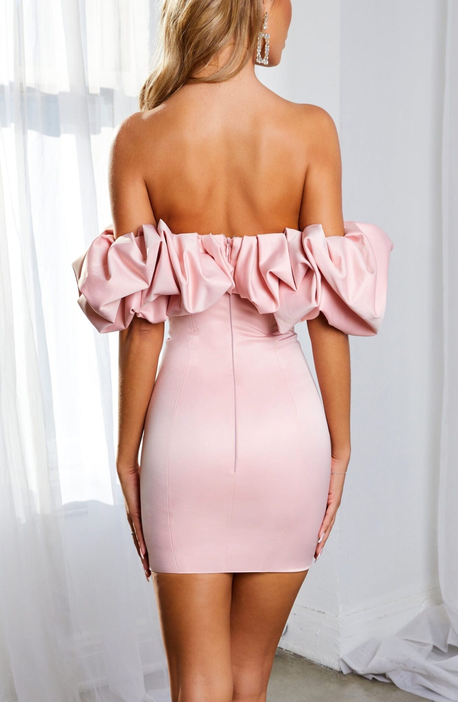 Baby Pink Allie Ruffle Bardot Mini Dress - Duchess Satin - Image 2