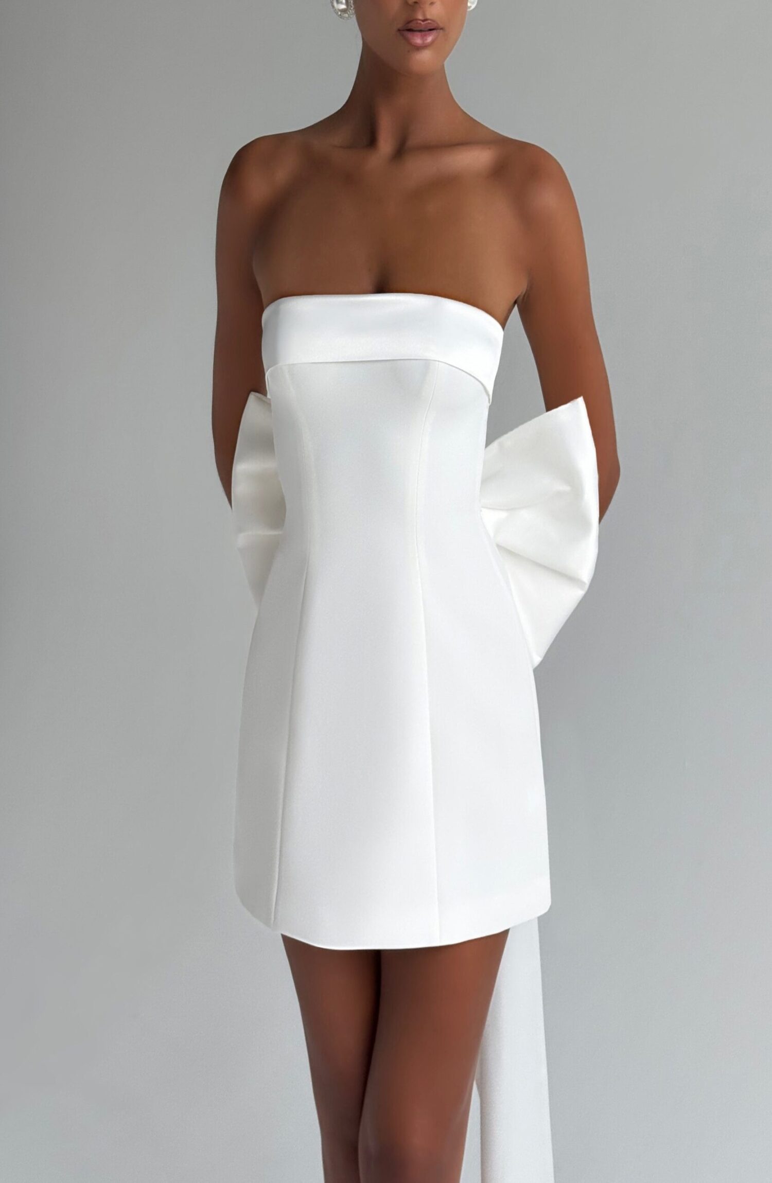 Barbara Mini Dress Ivory Strapless Satin Bow A-Line Crepe - Image 2