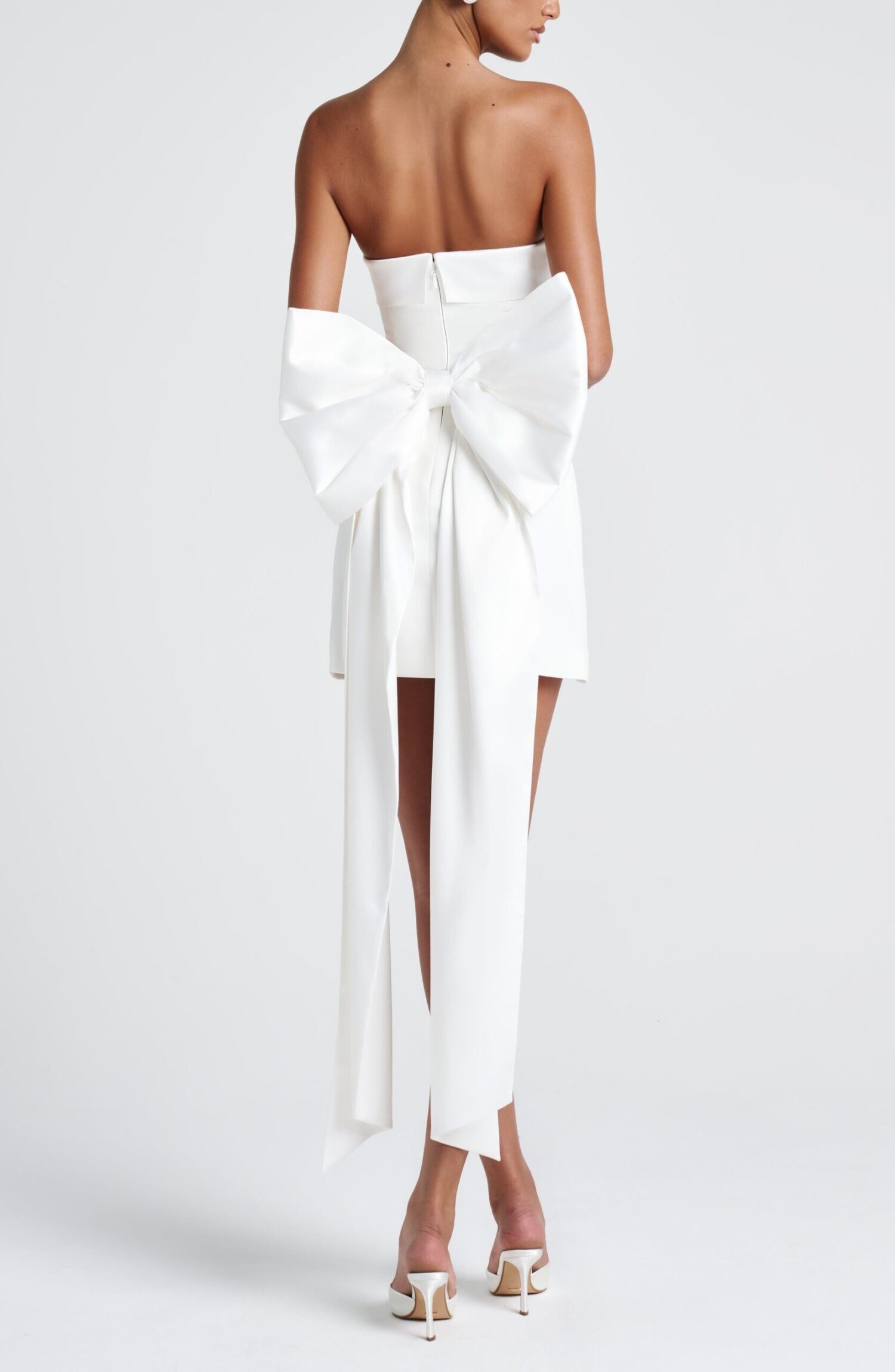 Barbara Mini Dress Ivory Strapless Satin Bow A-Line Crepe - Image 6