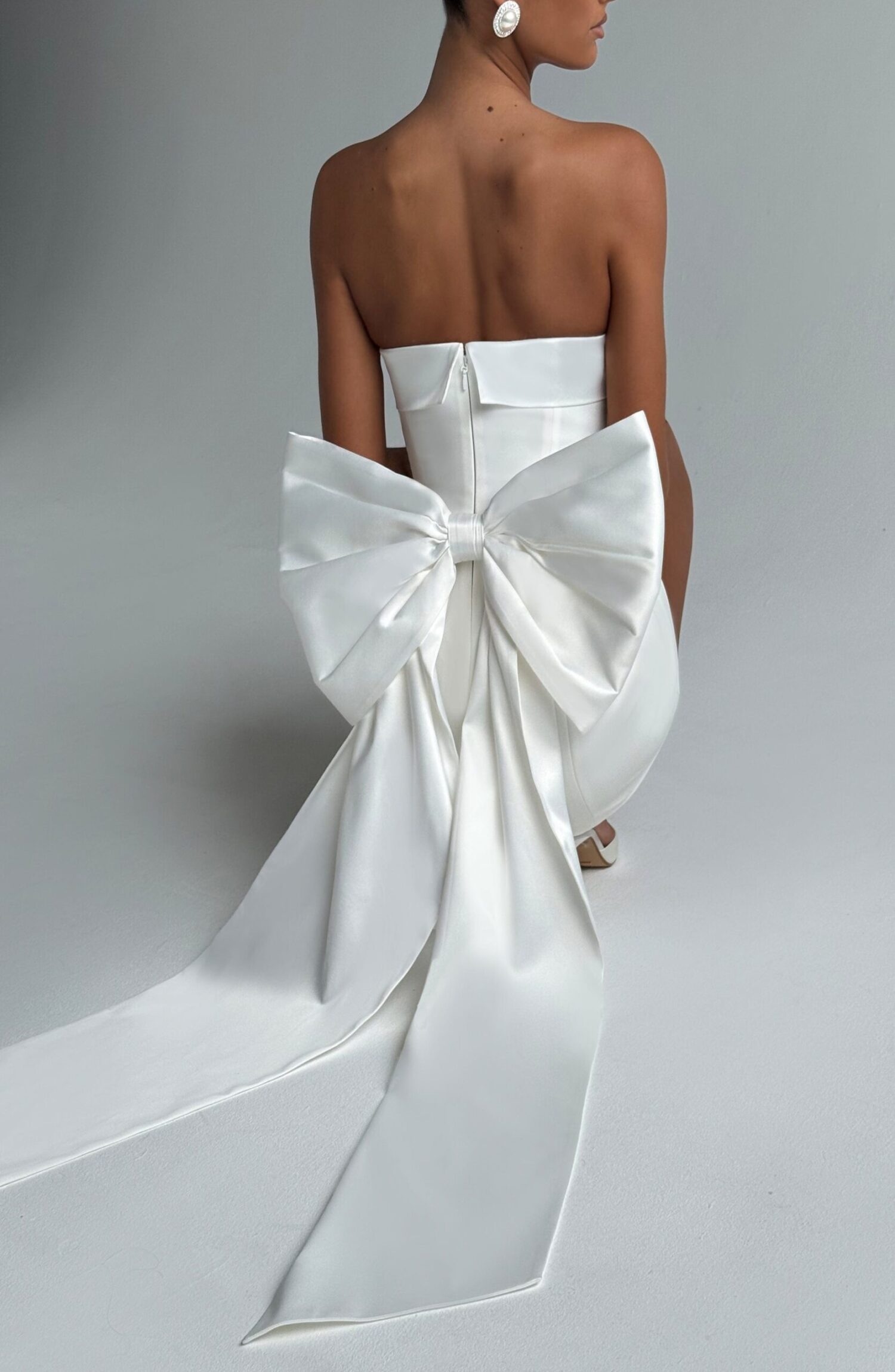Barbara Mini Dress Ivory Strapless Satin Bow A-Line Crepe