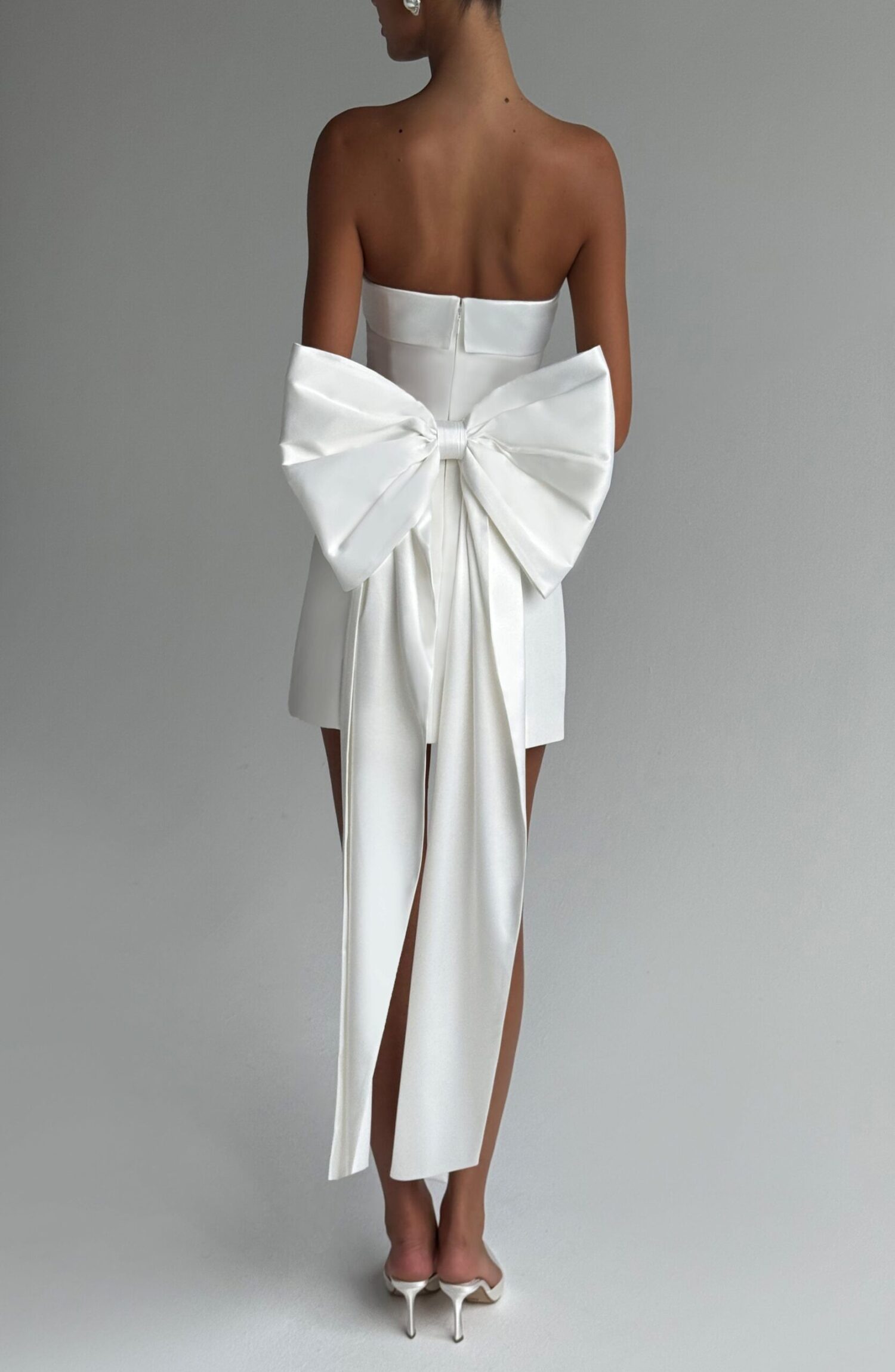 Barbara Mini Dress Ivory Strapless Satin Bow A-Line Crepe - Image 3