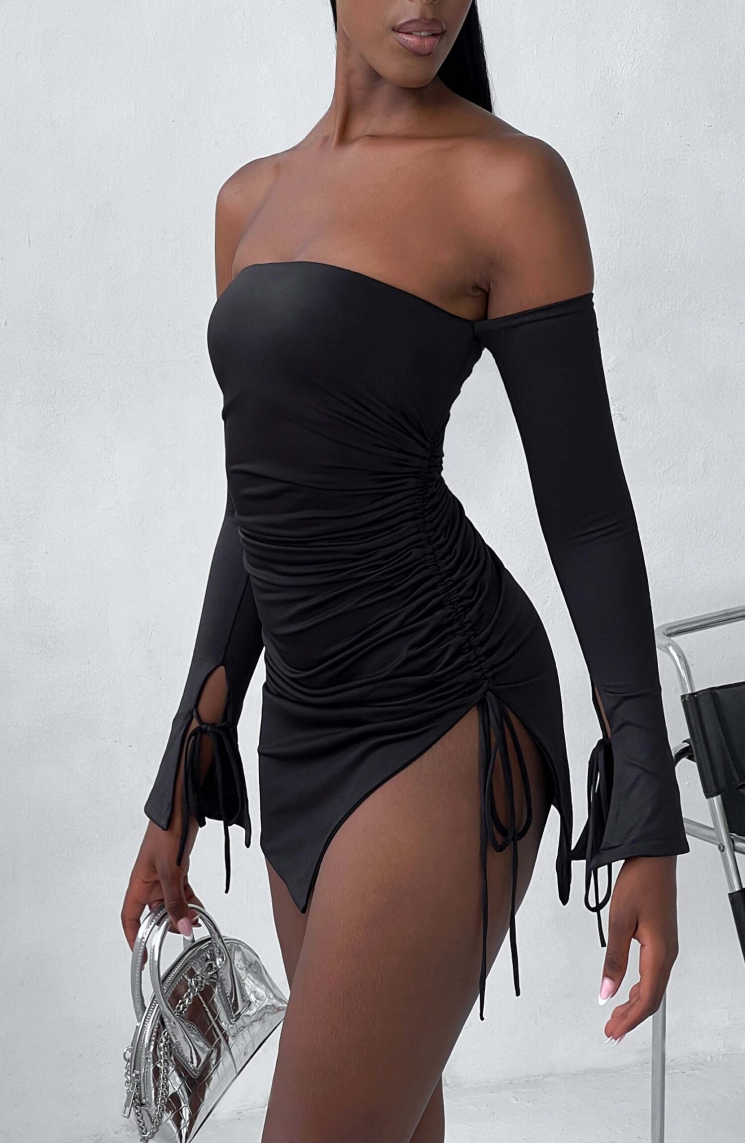 Becca Black Off-Shoulder Ruched Mini Dress - Image 8