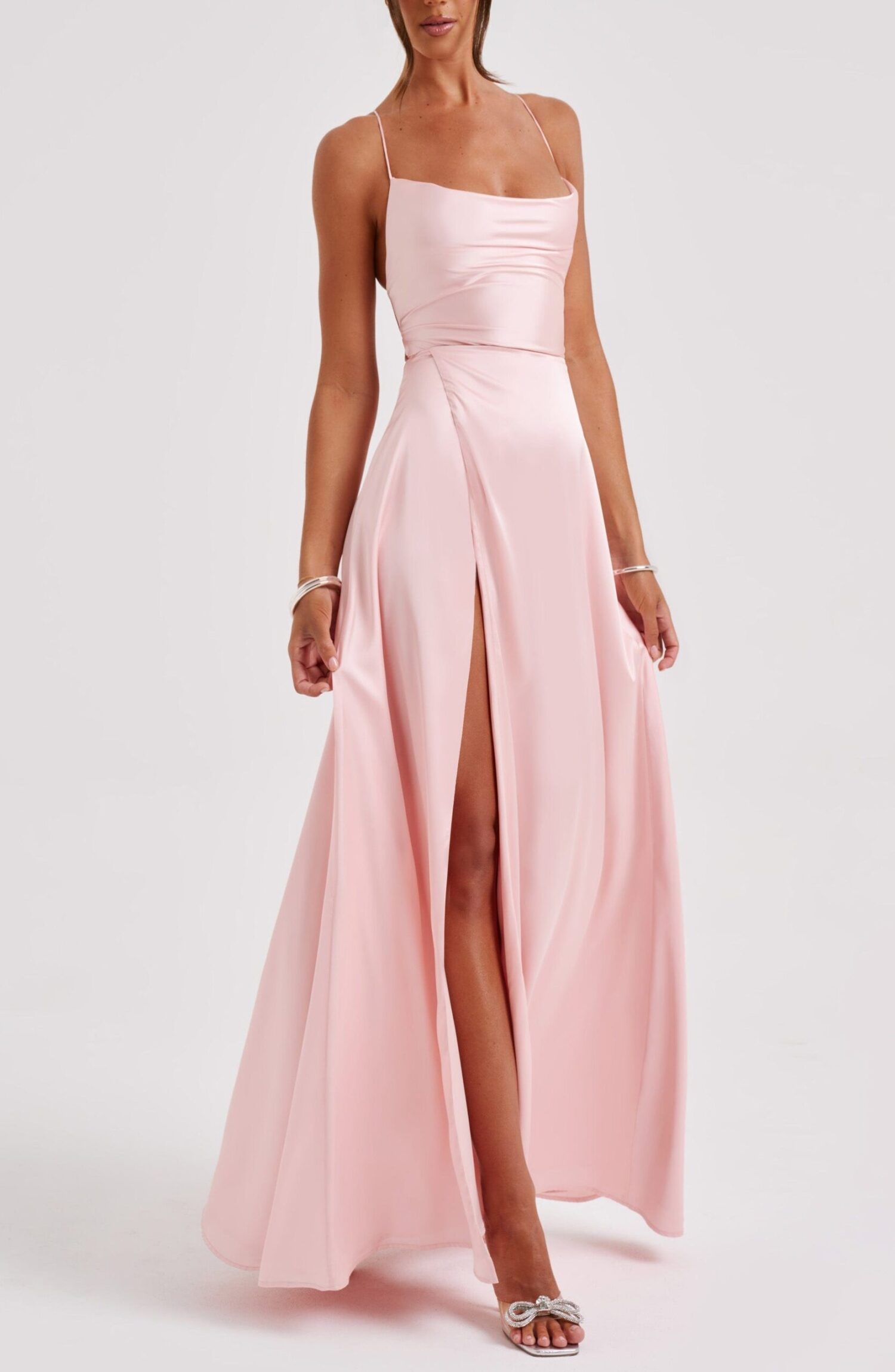 Bethany Blush Satin Maxi Dress - Backless, Criss-Cross Straps, Split - Image 8