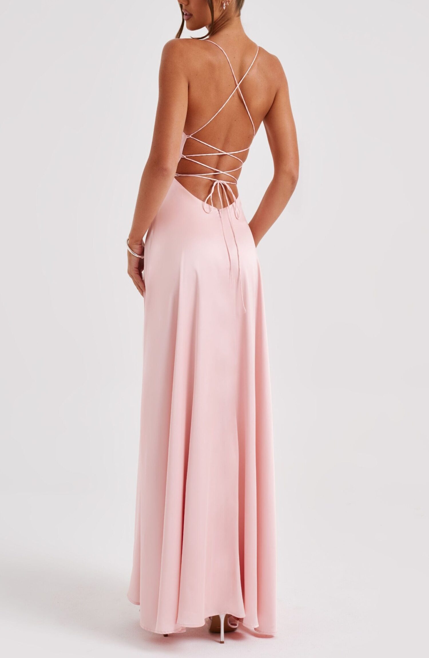 Bethany Blush Satin Maxi Dress - Backless, Criss-Cross Straps, Split - Image 7