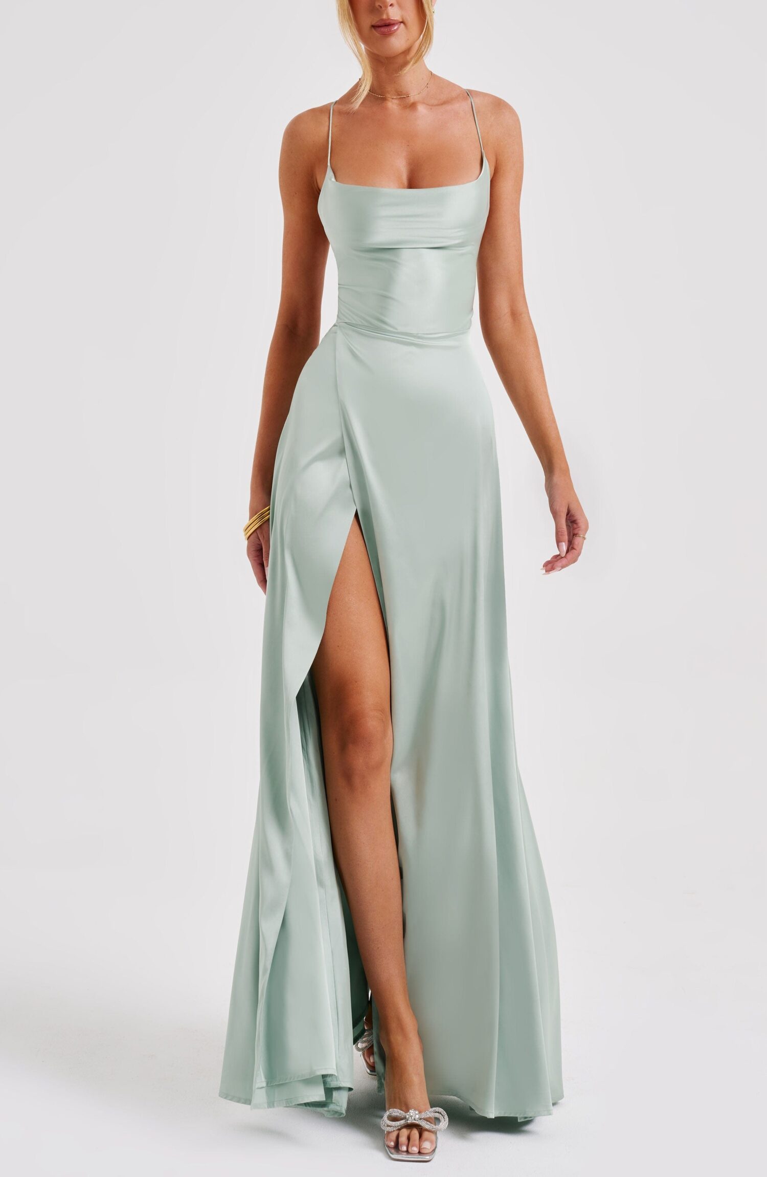Bethany Sage Satin Maxi Dress - Backless, Criss-Cross Straps, Thigh Split - Image 10