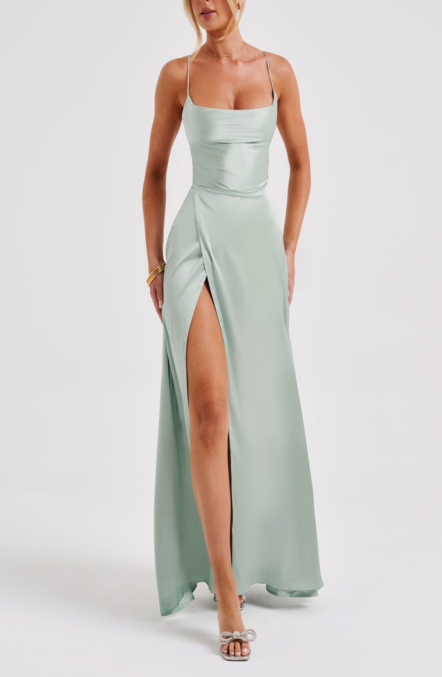 Bethany Sage Satin Maxi Dress - Backless, Criss-Cross Straps, Thigh Split - Image 7