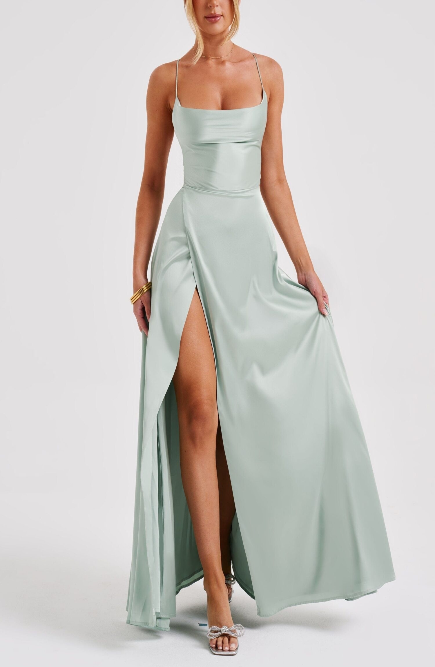 Bethany Sage Satin Maxi Dress - Backless, Criss-Cross Straps, Thigh Split - Image 14
