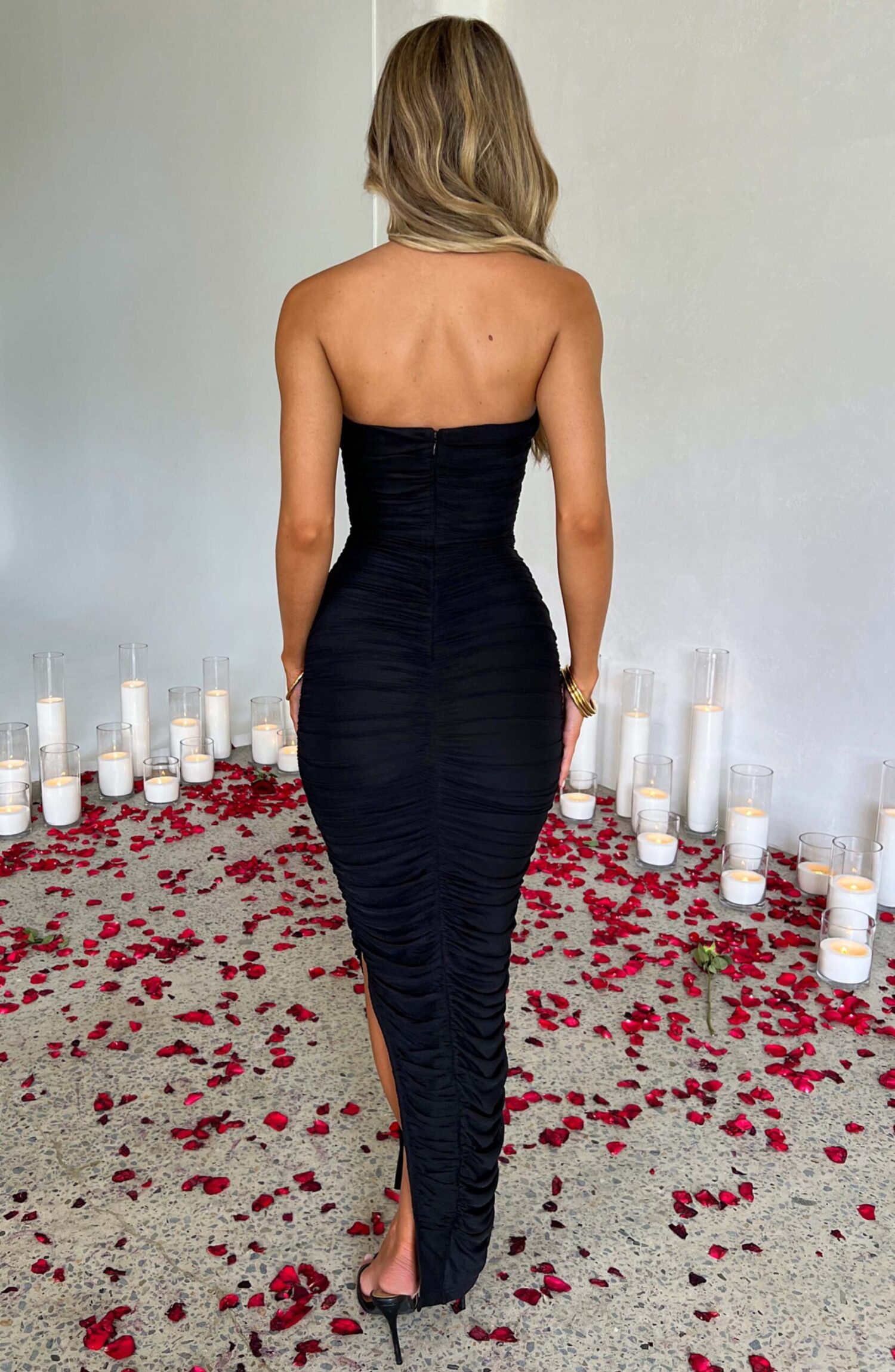 Black Demi Maxi Dress - Strapless, Ruched, High Split Power Mesh - Image 9
