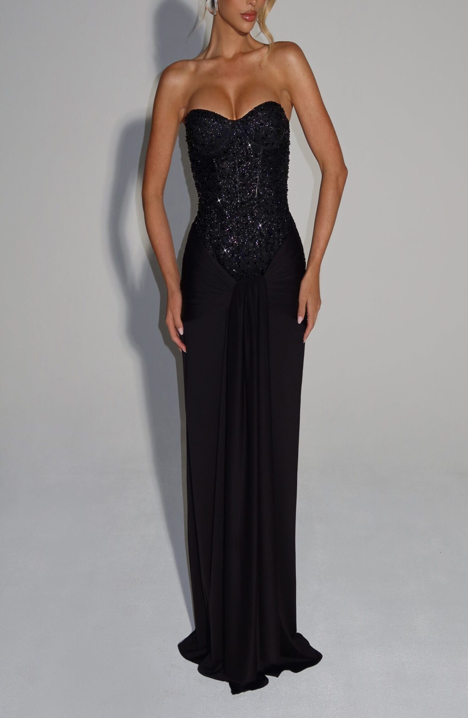 Black Embellished Strapless Maxi Dress with Padded Cups