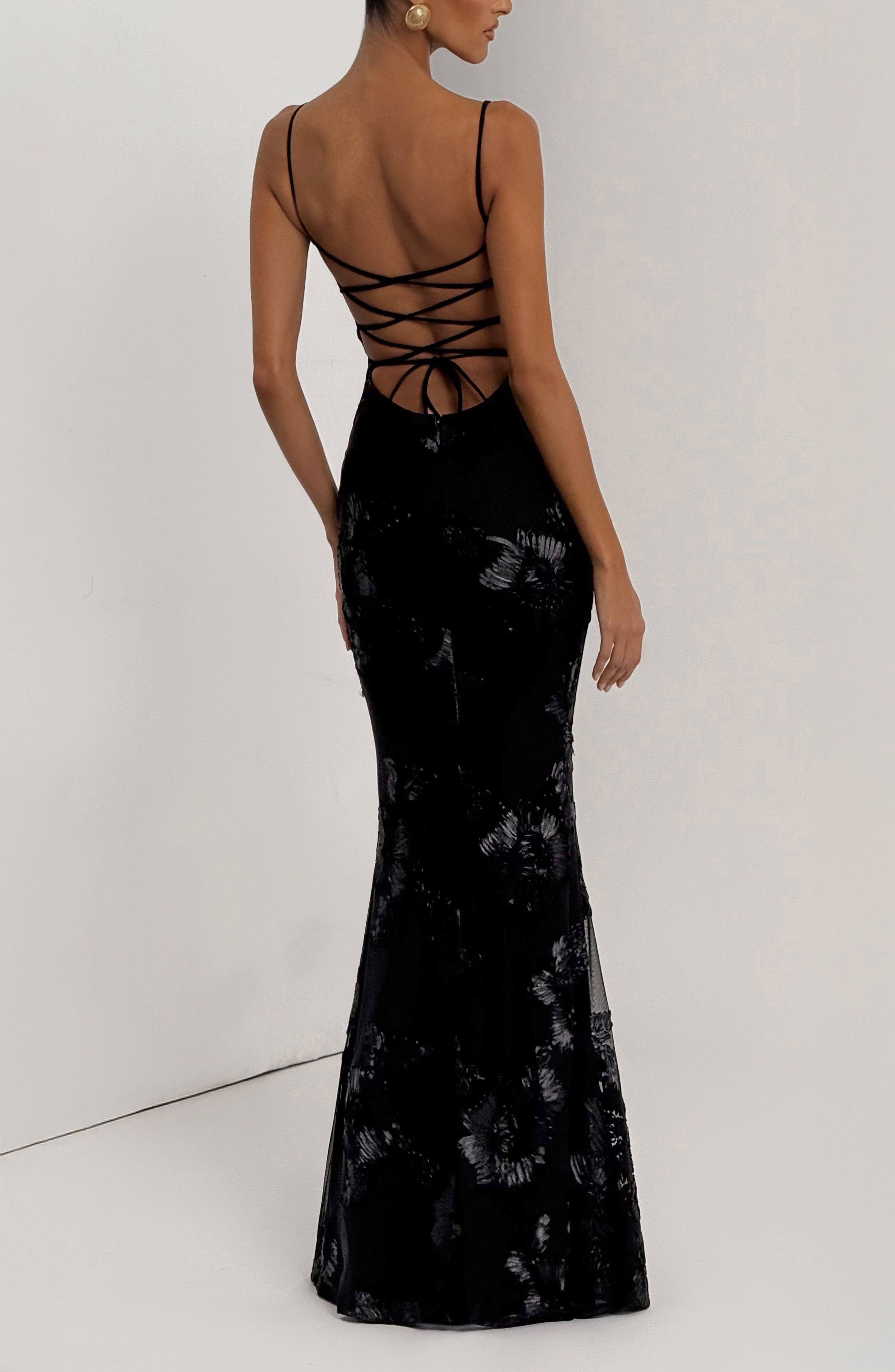 Black Floral AppliquÃ© Stretch Mesh Maxi Dress with Corset - Image 11