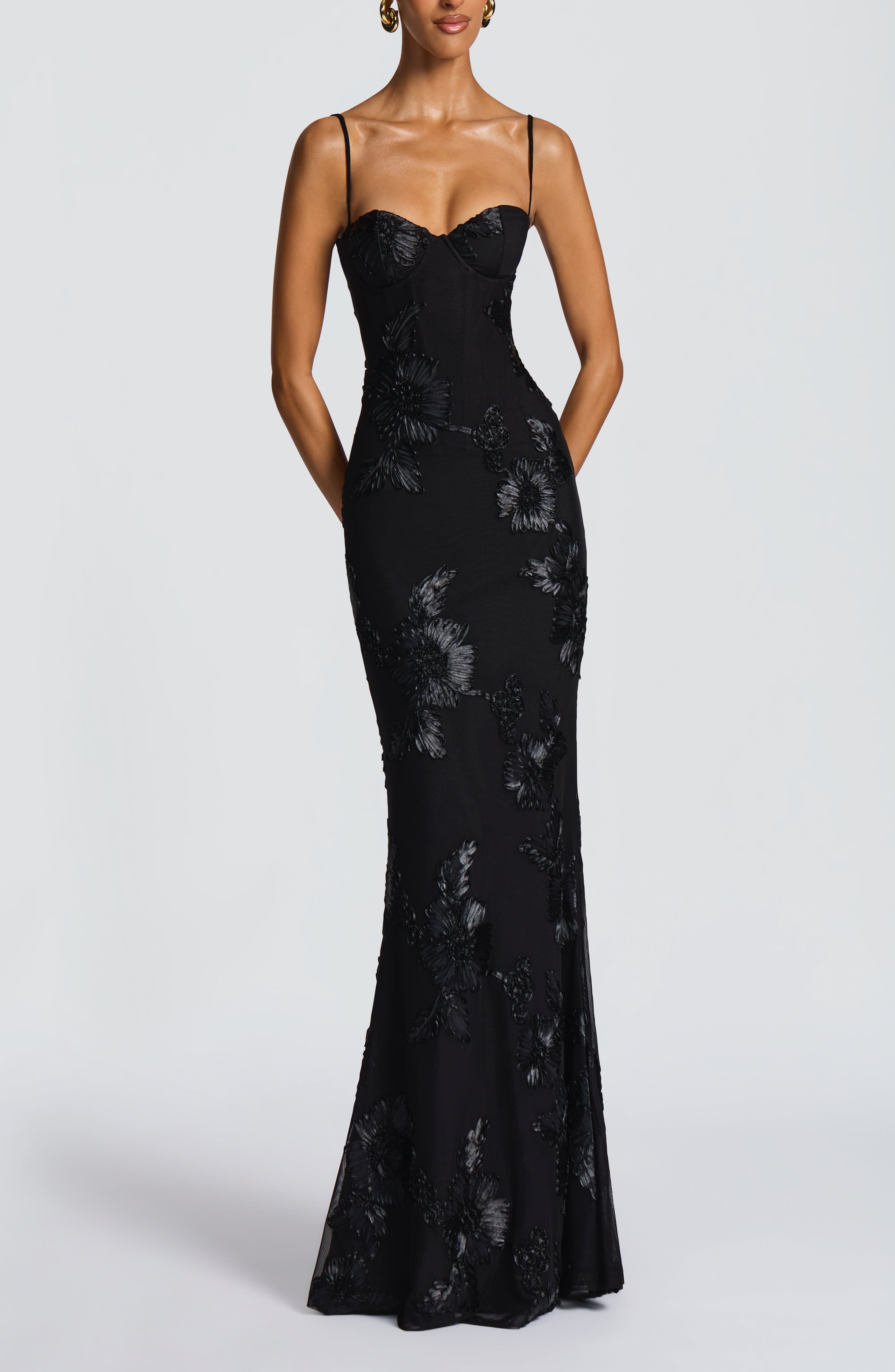 Black Floral AppliquÃ© Stretch Mesh Maxi Dress with Corset - Image 3