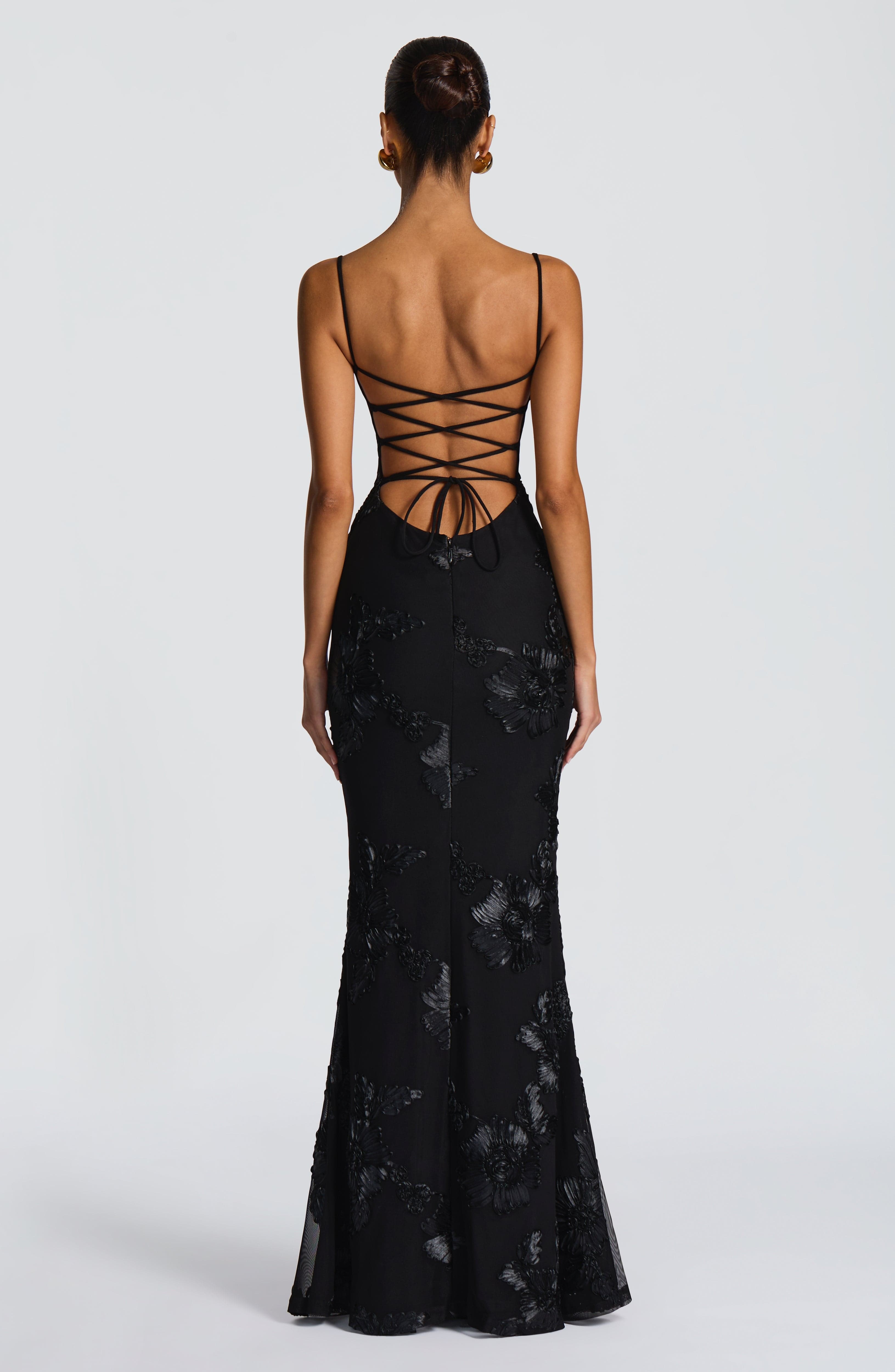 Black Floral AppliquÃ© Stretch Mesh Maxi Dress with Corset - Image 4