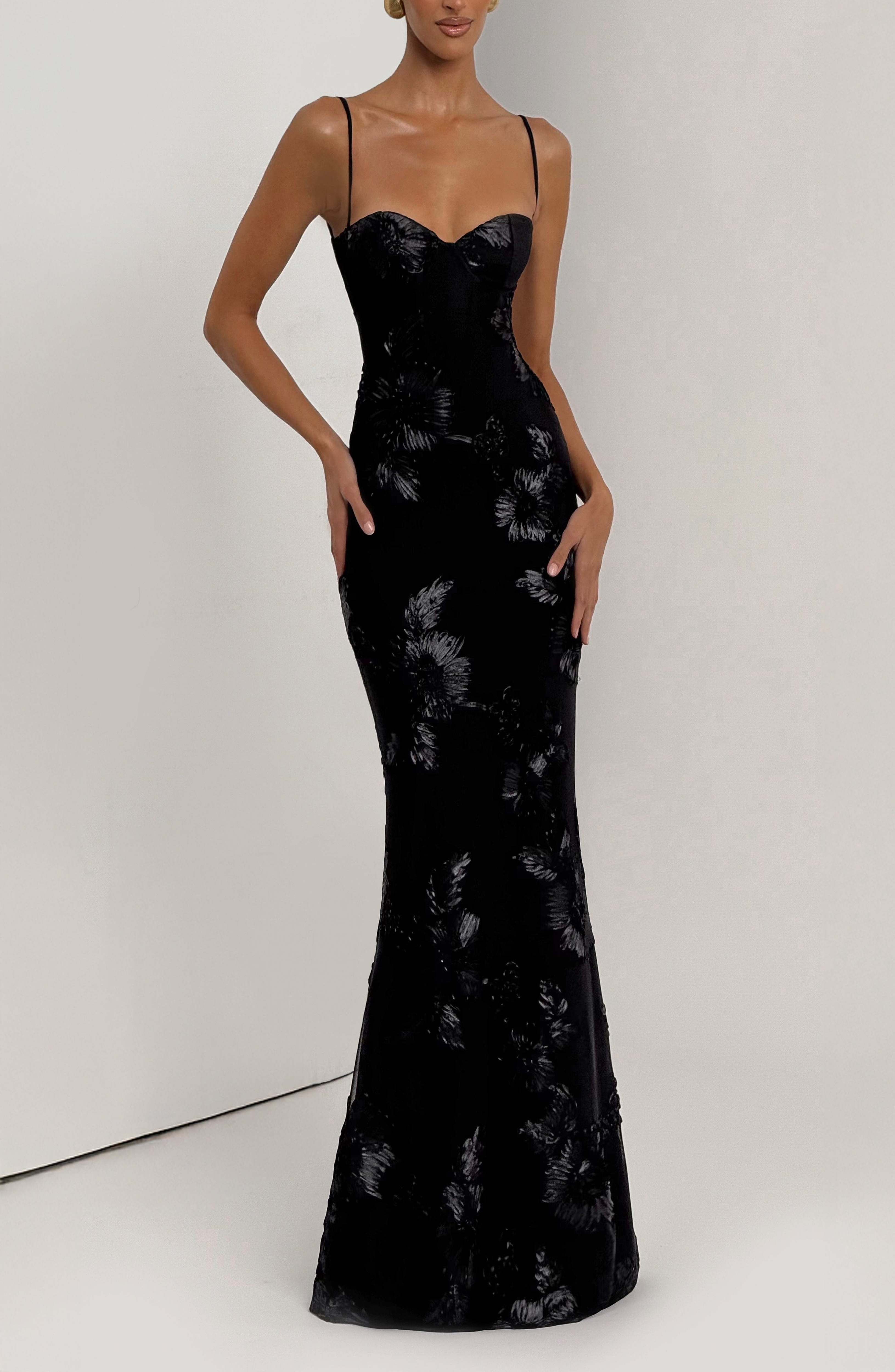 Black Floral AppliquÃ© Stretch Mesh Maxi Dress with Corset - Image 2