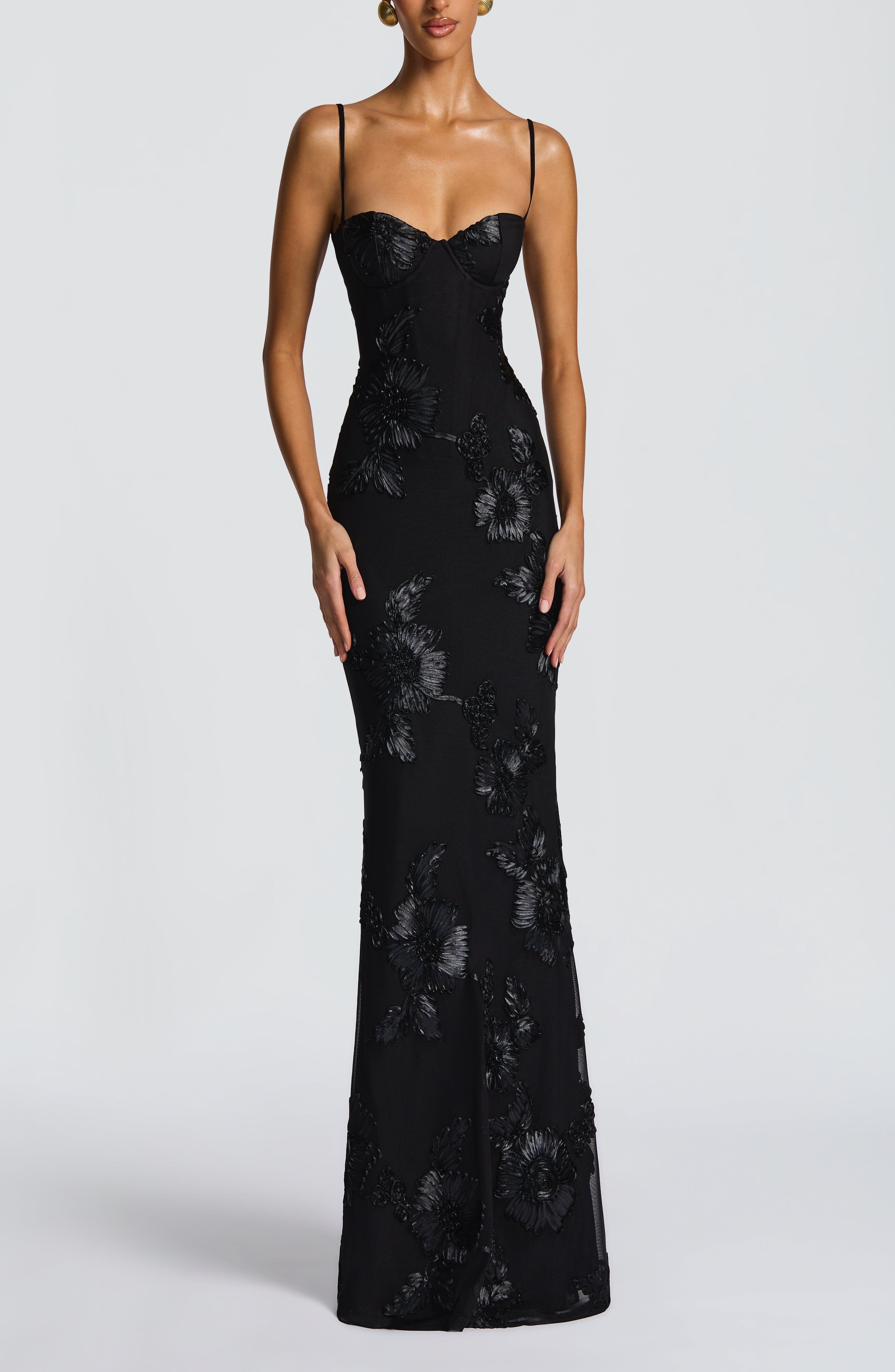 Black Floral AppliquÃ© Stretch Mesh Maxi Dress with Corset - Image 13
