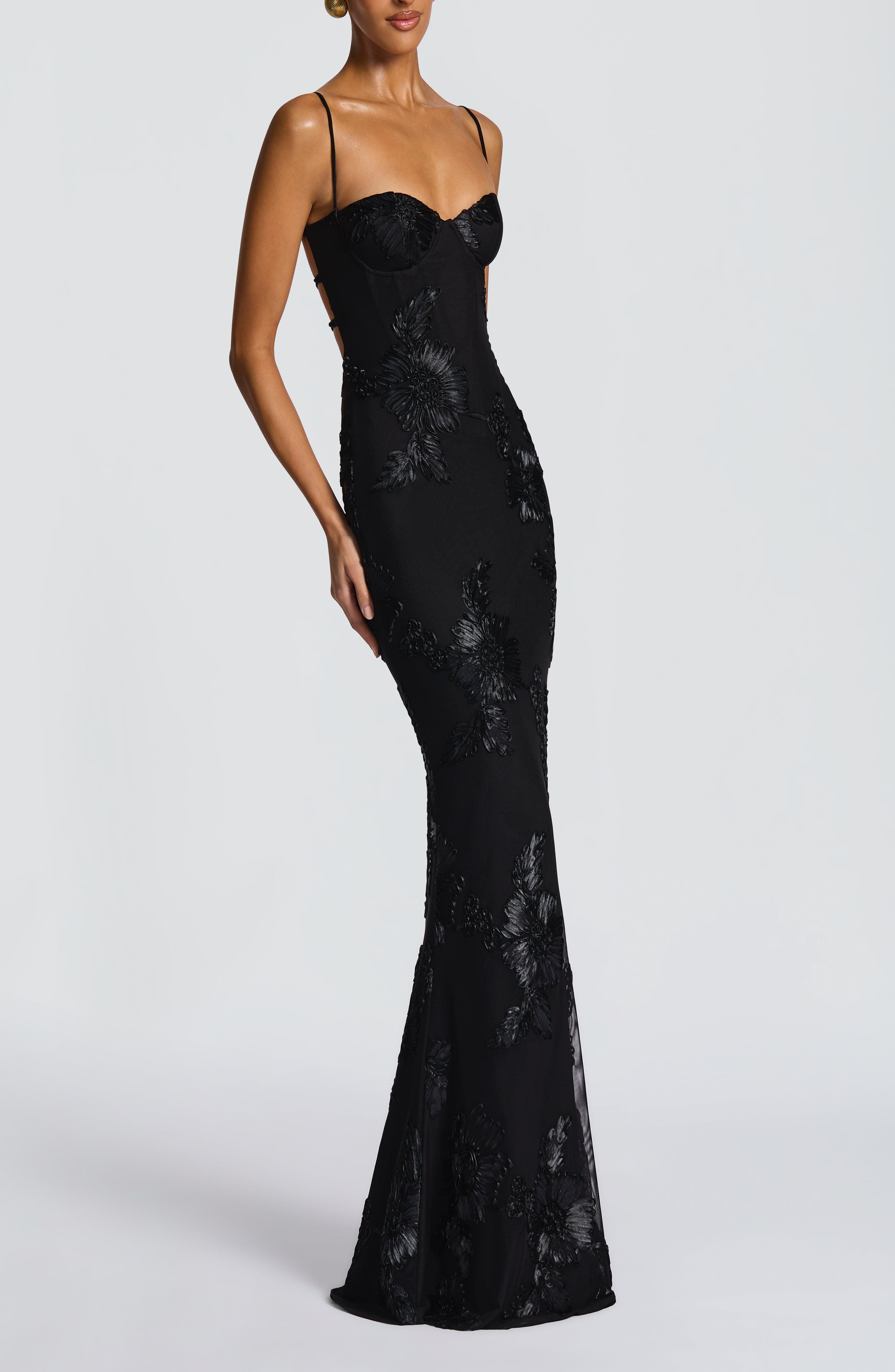 Black Floral AppliquÃ© Stretch Mesh Maxi Dress with Corset - Image 6