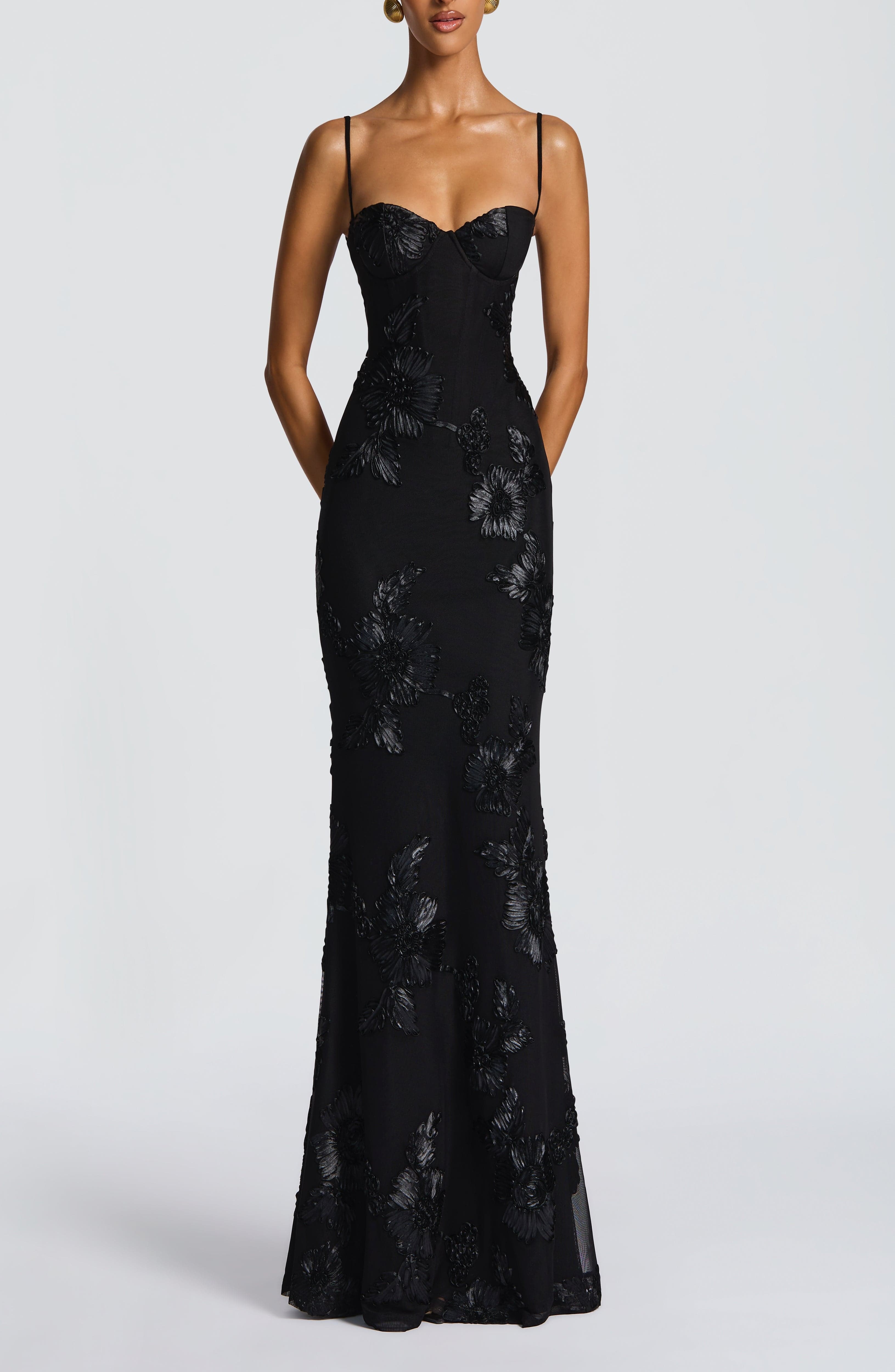 Black Floral AppliquÃ© Stretch Mesh Maxi Dress with Corset - Image 14
