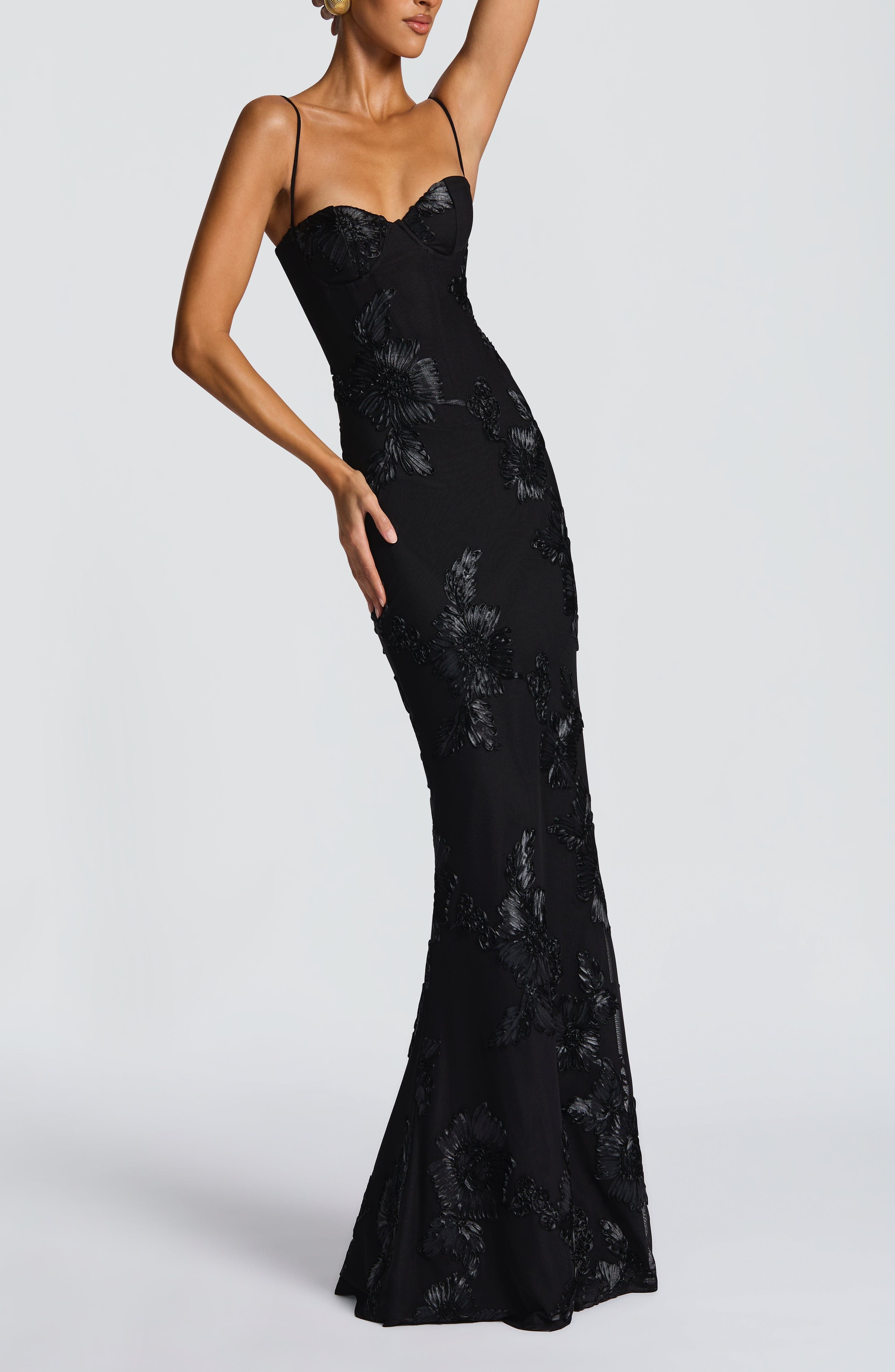Black Floral AppliquÃ© Stretch Mesh Maxi Dress with Corset - Image 12
